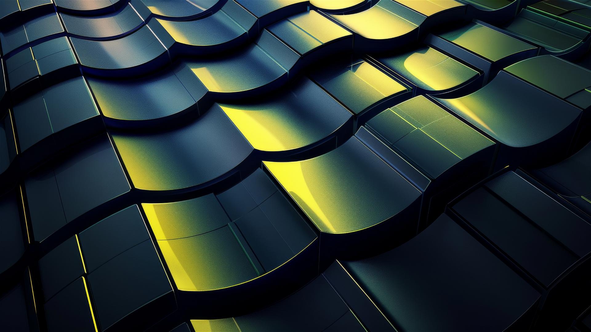 Abstract black and yellow squares on a dark blue striped background with colorful waves