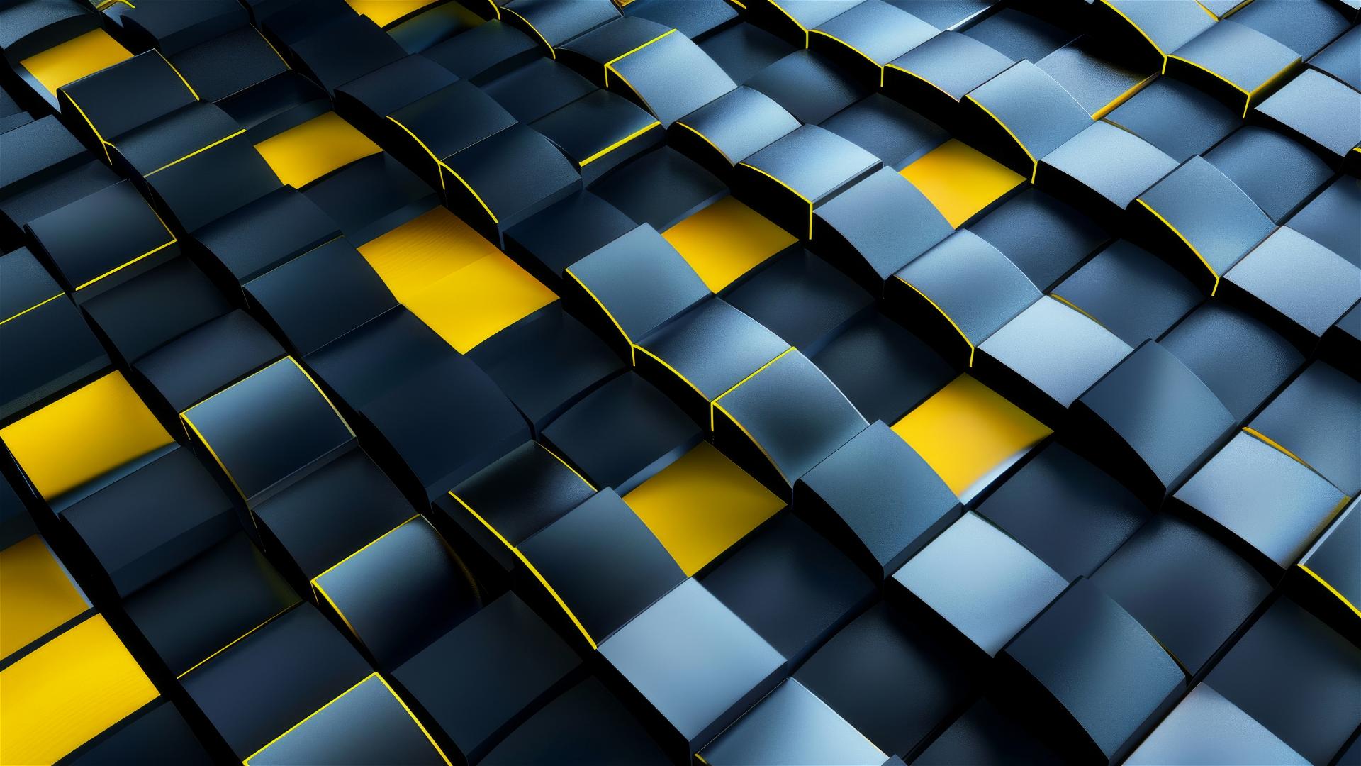 Abstract black and yellow squares with blue stripes and colorful waves