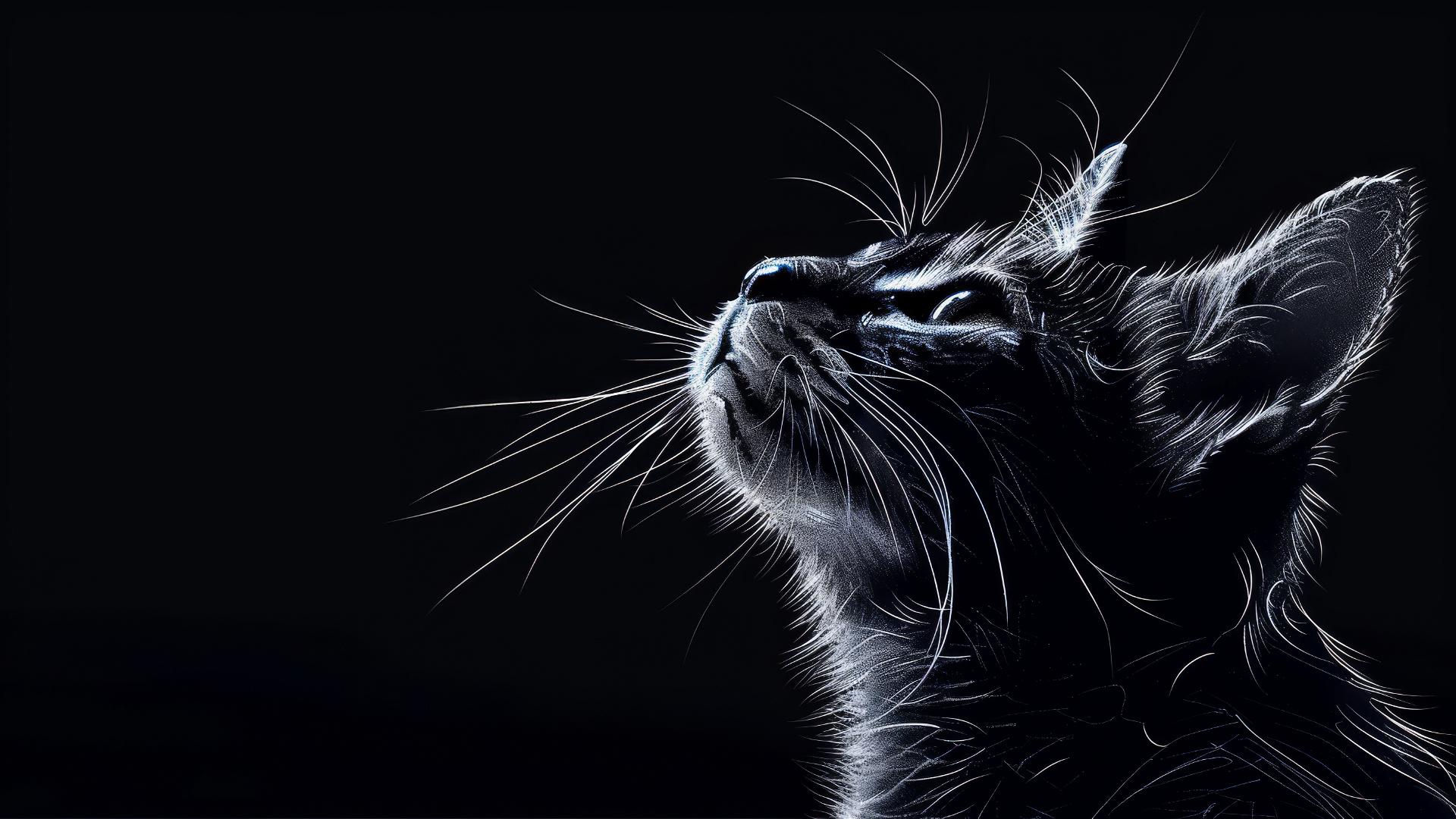 Elegant white-lined cat profile with sapphire blue eyes on black