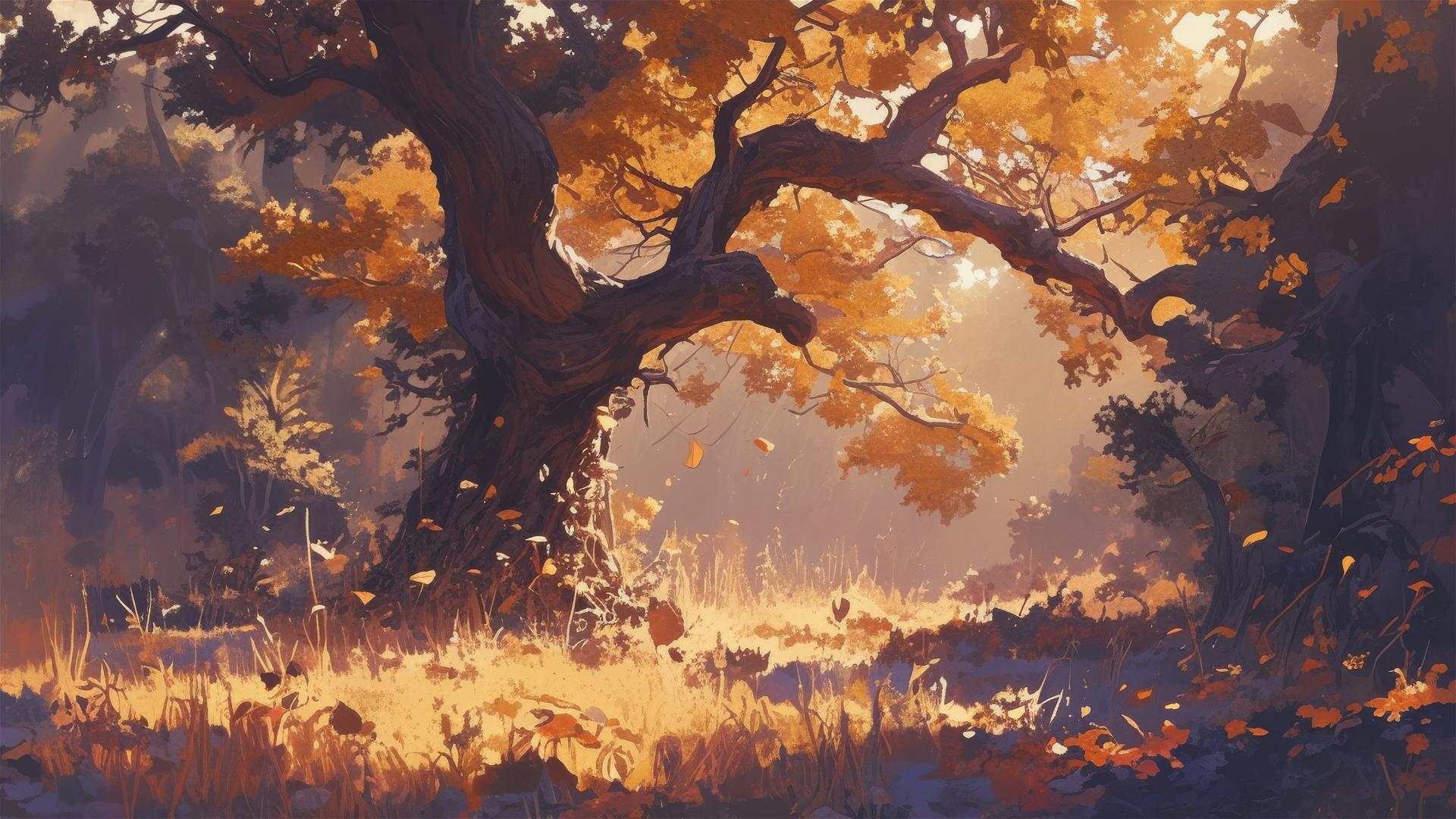 Thick autumn fog in a silent forest with golden and red leaves
