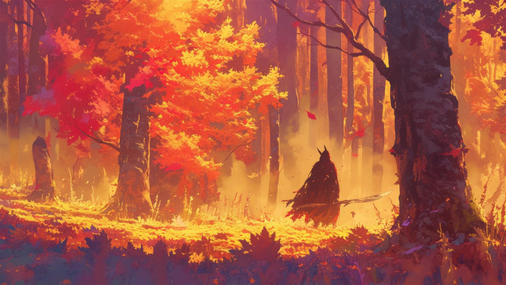 Serene autumn forest with fog and colorful leaves