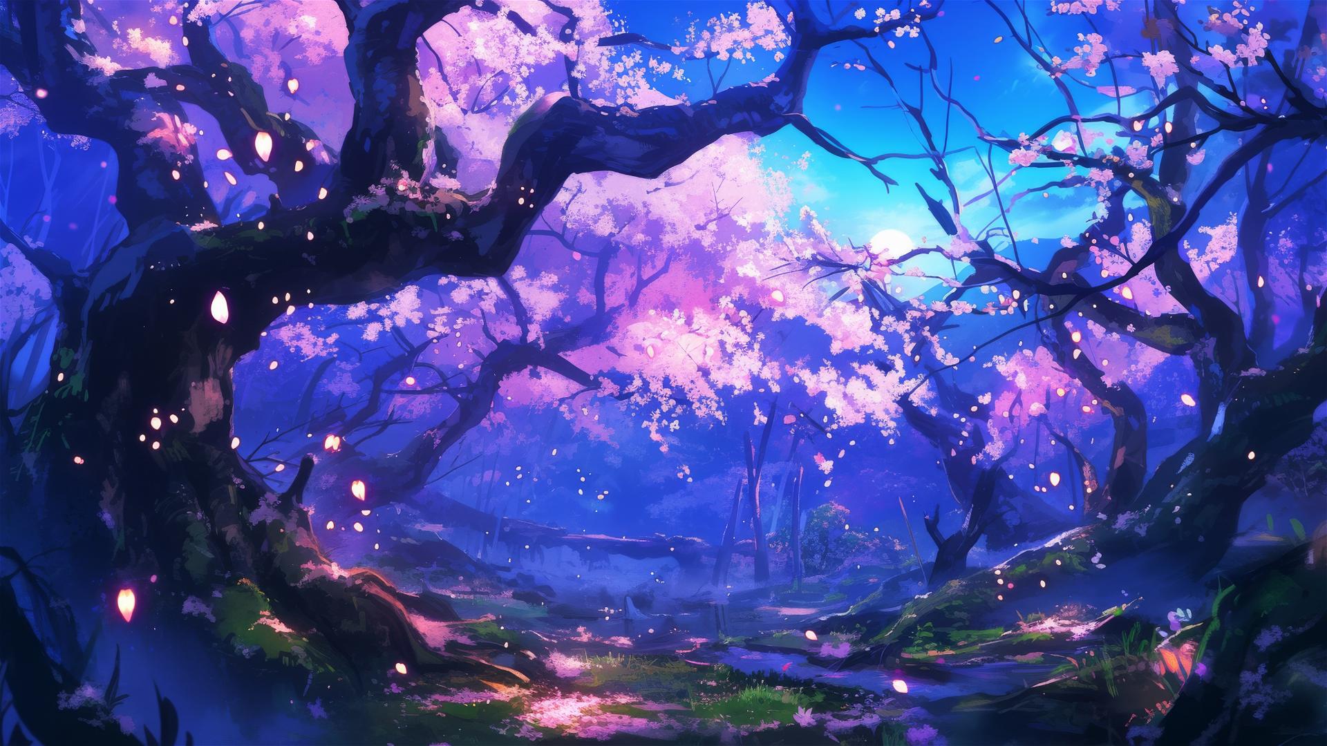 Magical cherry grove at night under moonlight
