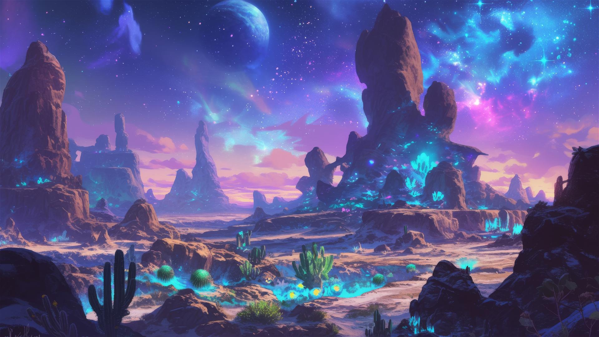 Bioluminescent cacti and rock formations under a starry galaxy sky