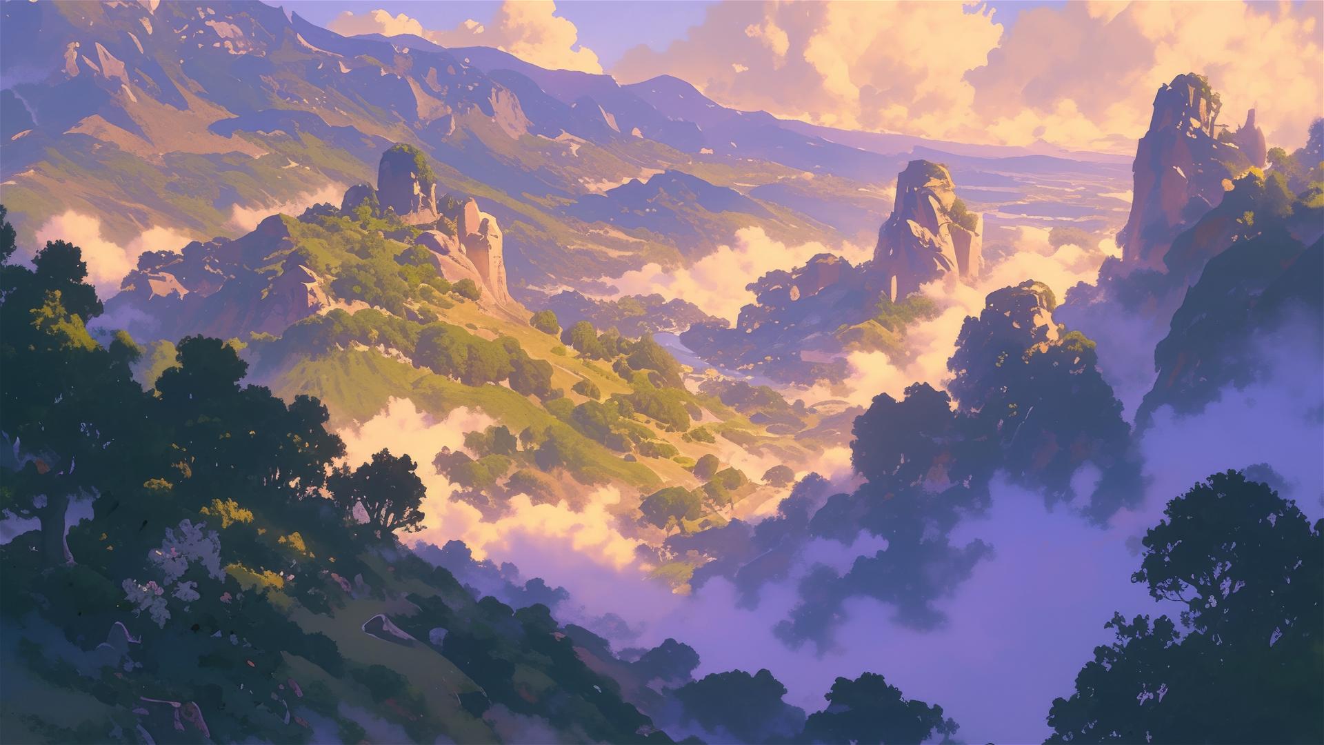 Fragrant orchid mists over a valley at dawn