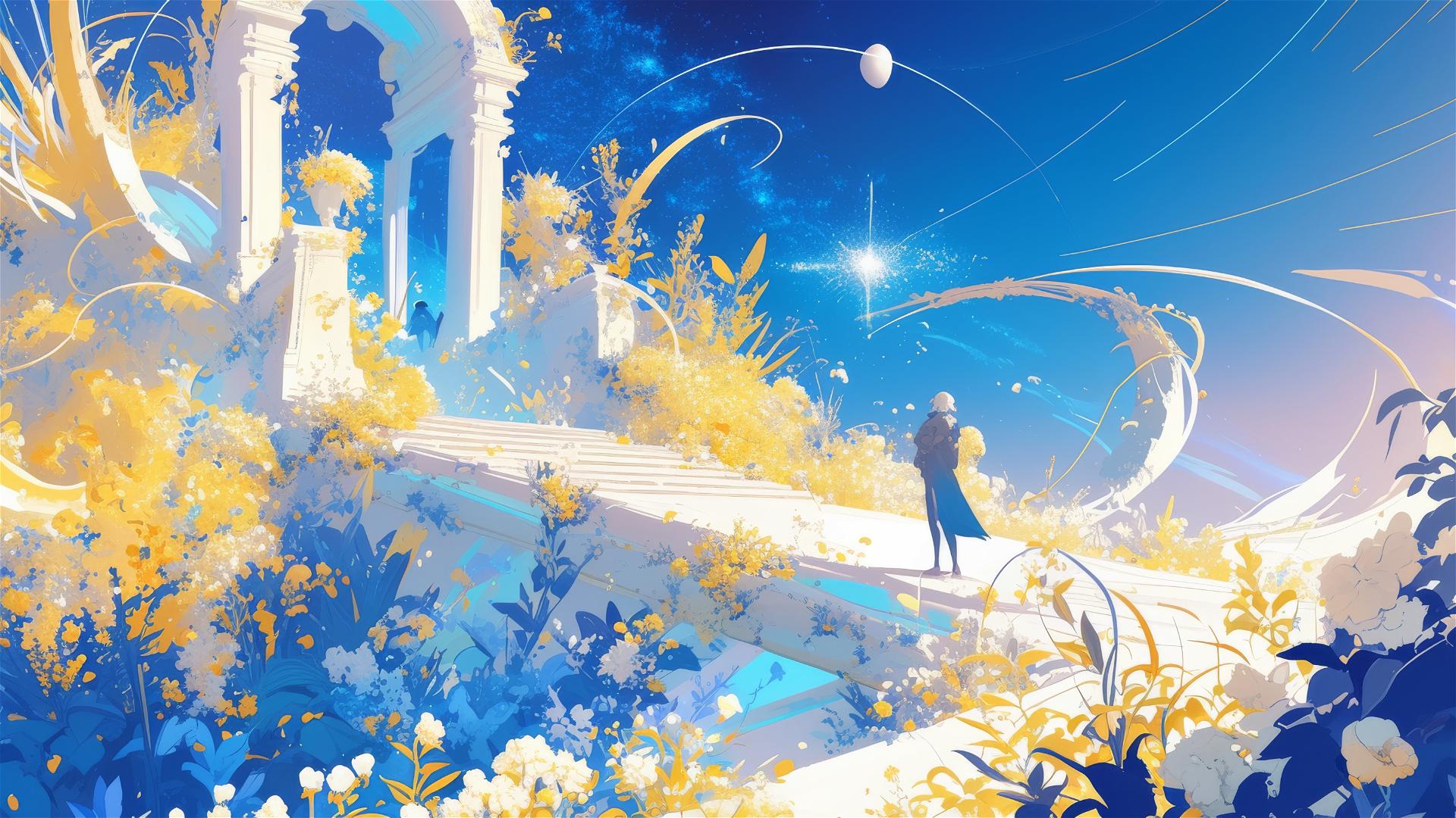 Garden with plants resembling comet trails, radiant and fleeting
