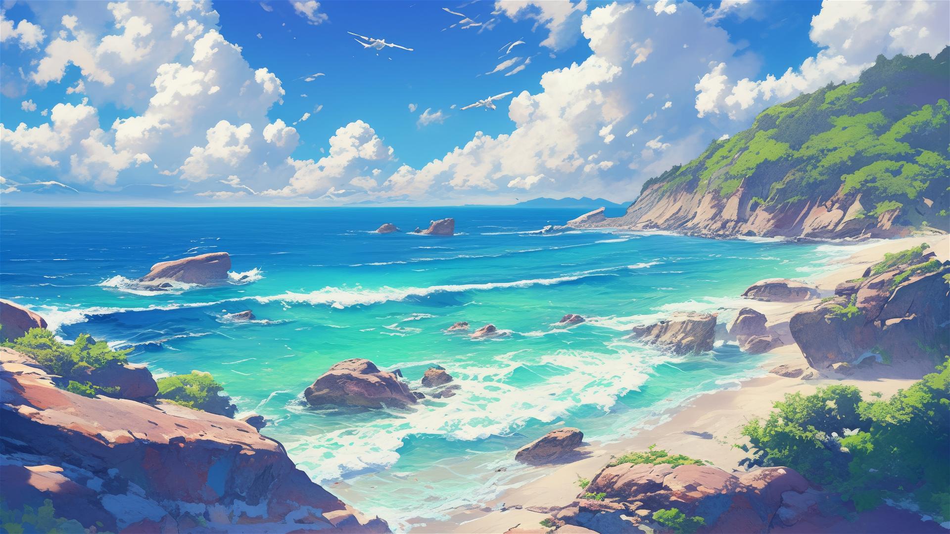 Beach with piano key-shaped rocks creating notes as waves hit