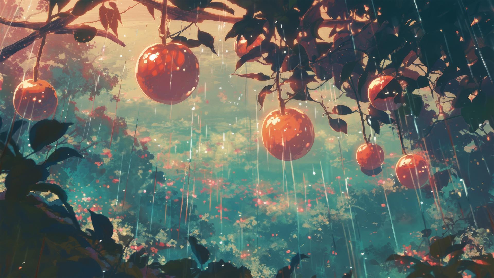 Holographic rain in orchard with air-suspended fruits
