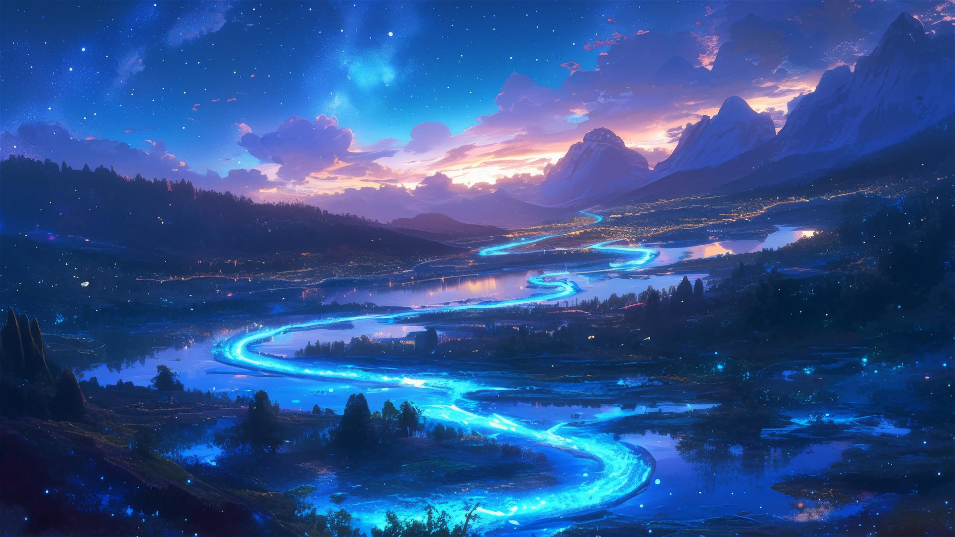 Glowing river leading to a reflective lake under a luminous night sky