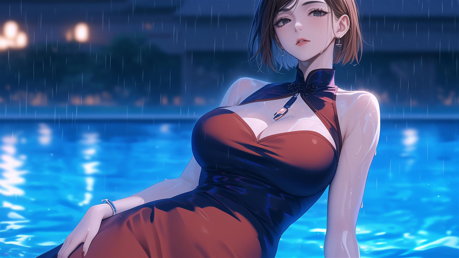 Nobara Kugisaki resting by a pool in moonlight, pink dress, rain