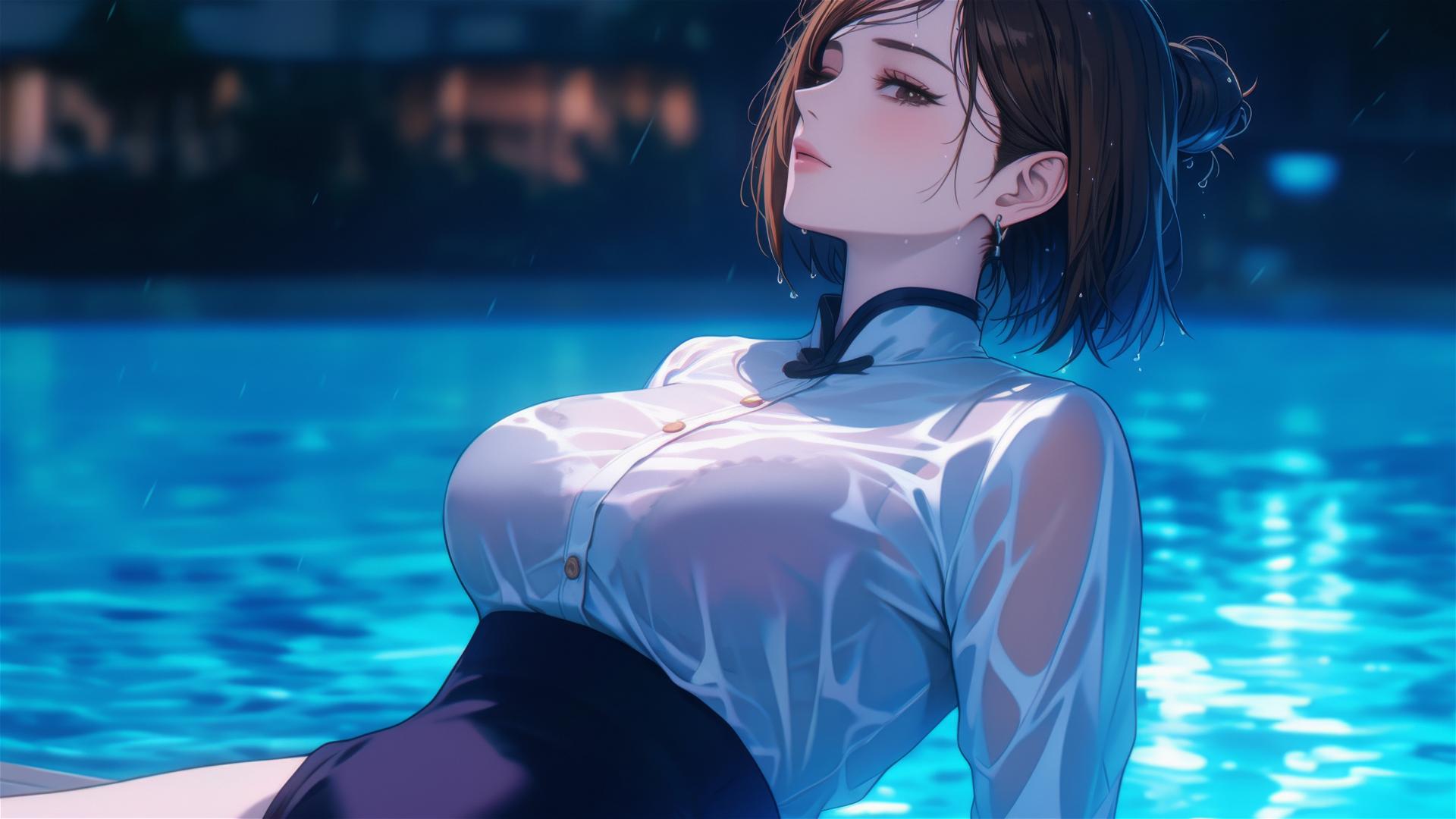 Nobara Kugisaki by pool in moonlight with rain