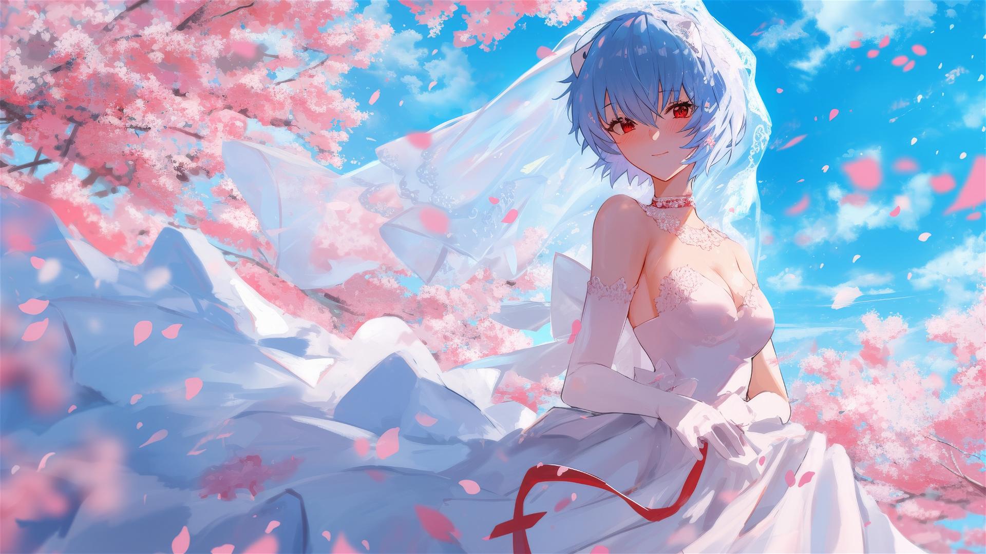 Rei Ayanami in modern wedding dress amidst cherry blossoms