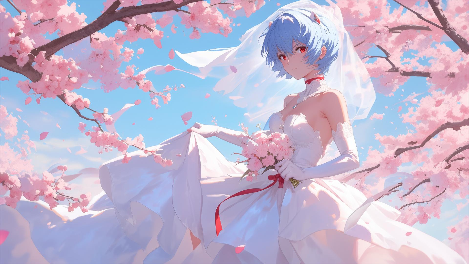 Rei Ayanami in a modern wedding dress in a cherry blossom grove