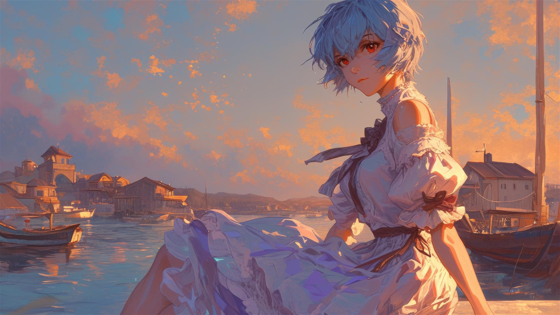 Rei Ayanami in a lace dress by the seaside at sunset