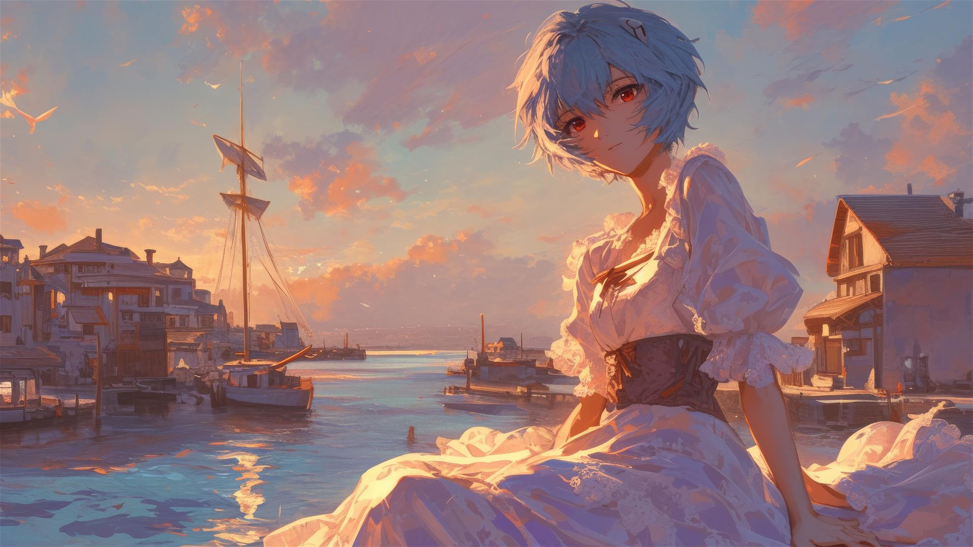 Rei Ayanami in lace dress at seaside village sunset