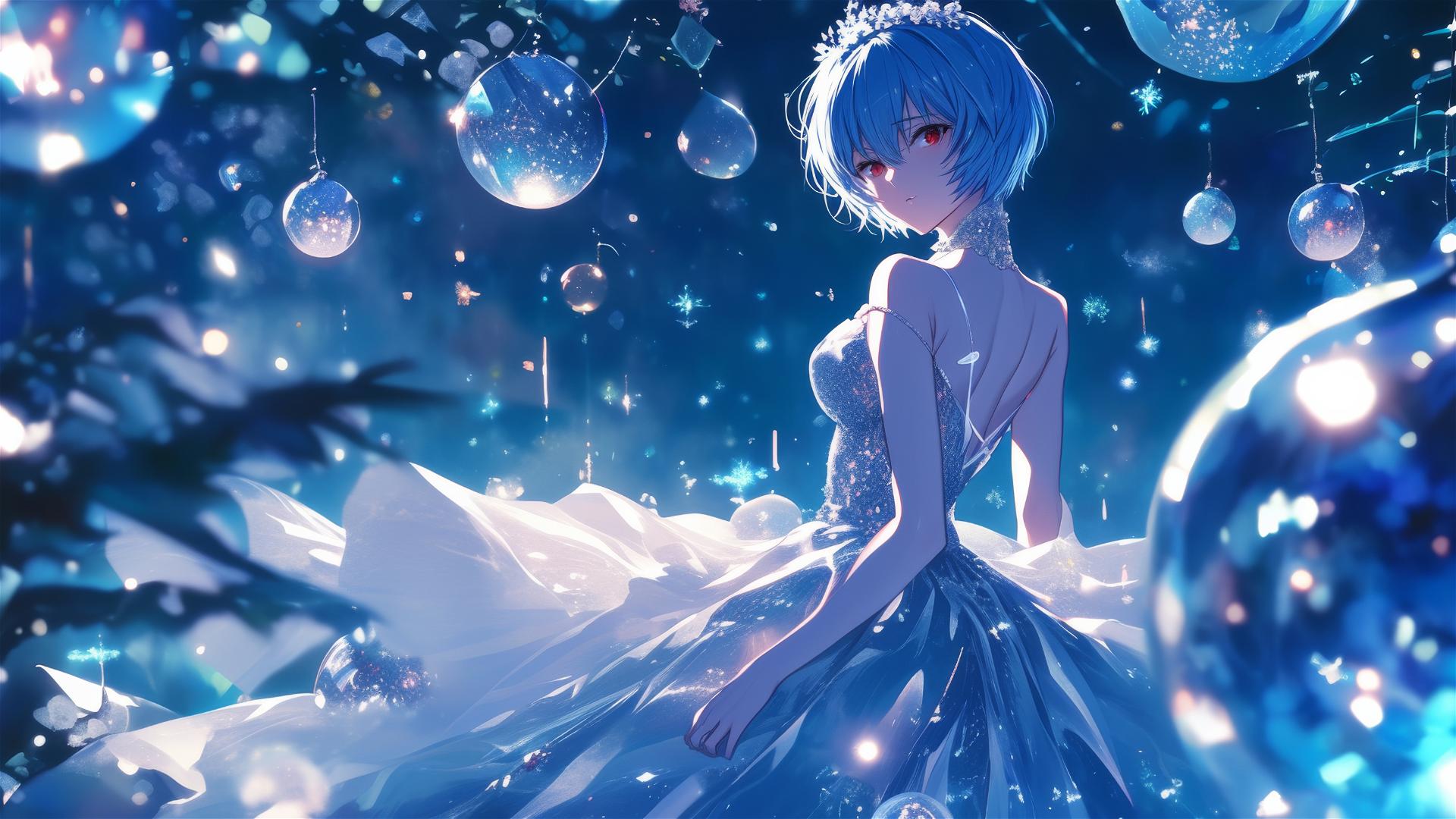 Rei Ayanami in a shimmering gala dress at a garden party