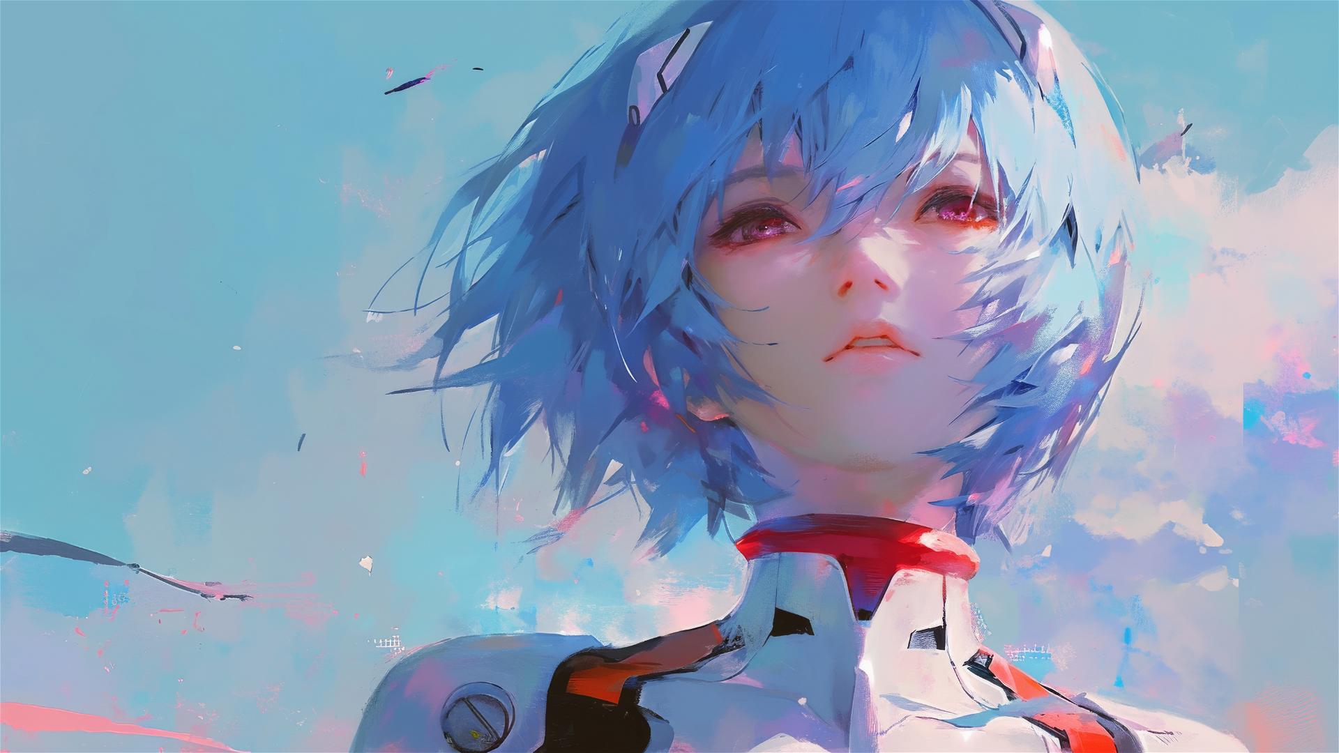 Rei Ayanami from Neon Genesis Evangelion, with NERV uniform in a cyberpunk setting