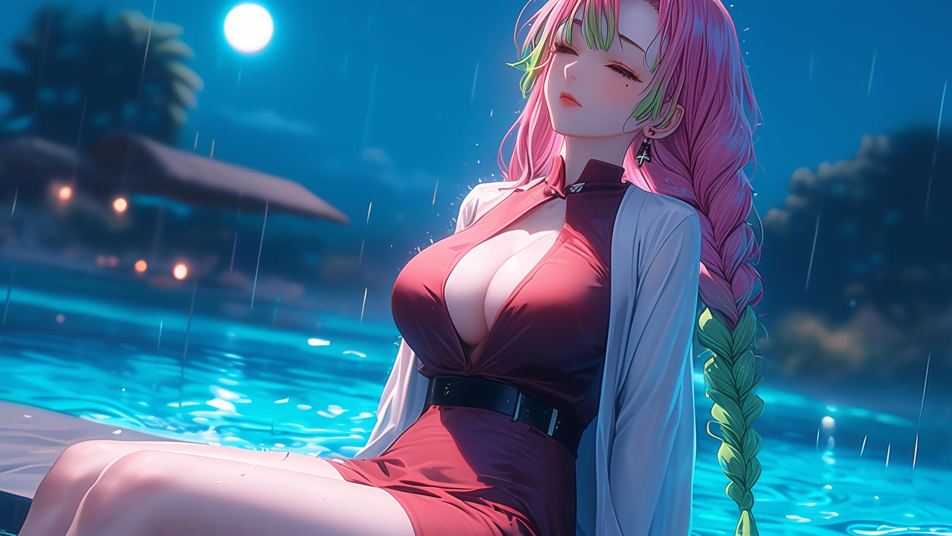 Mitsuri Kanroji from Demon Slayer resting by a pool in moonlight, wearing a red dress with a focus on thighs, pink to green hair
