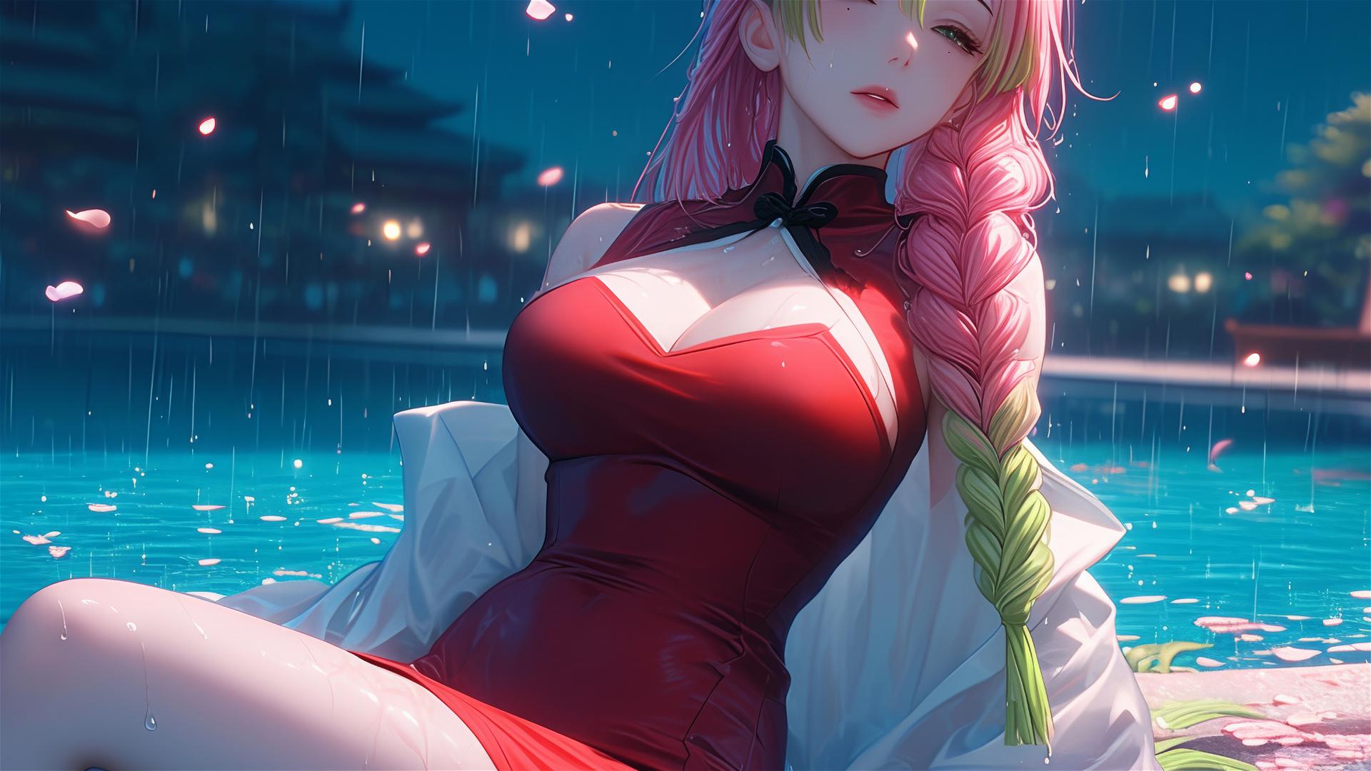 Mitsuri Kanroji resting by pool under moonlight, red dress, thigh focus, pink to green hair