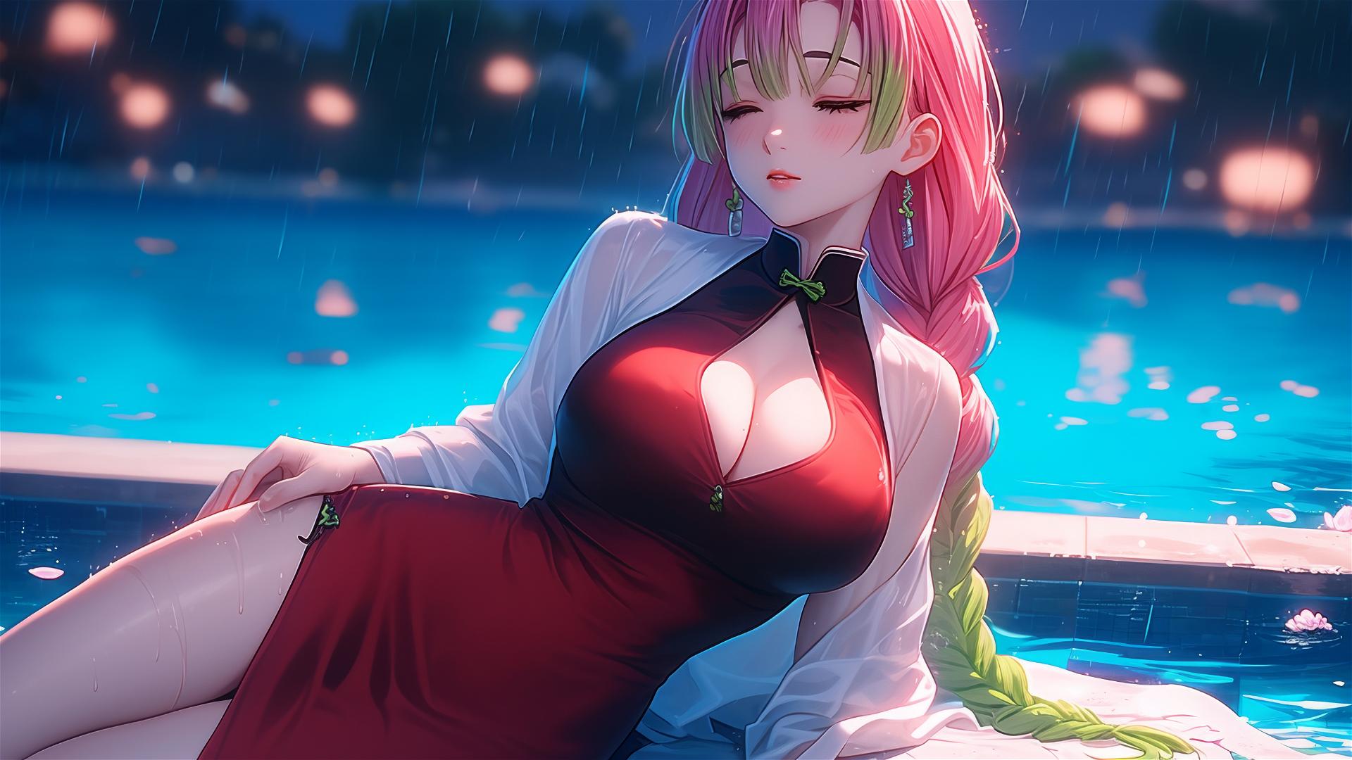 Mitsuri Kanroji resting by rainy pool under moonlight, red dress and pink-to-green hair