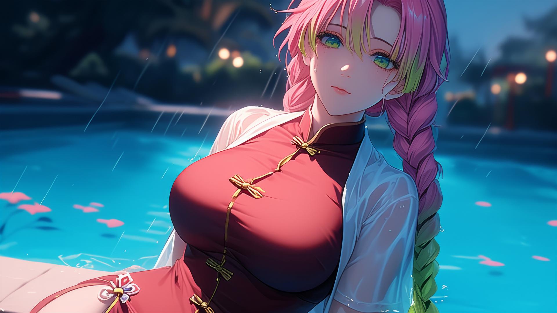 Mitsuri Kanroji resting by a pool under moonlight, her dress red and hair pink to green.