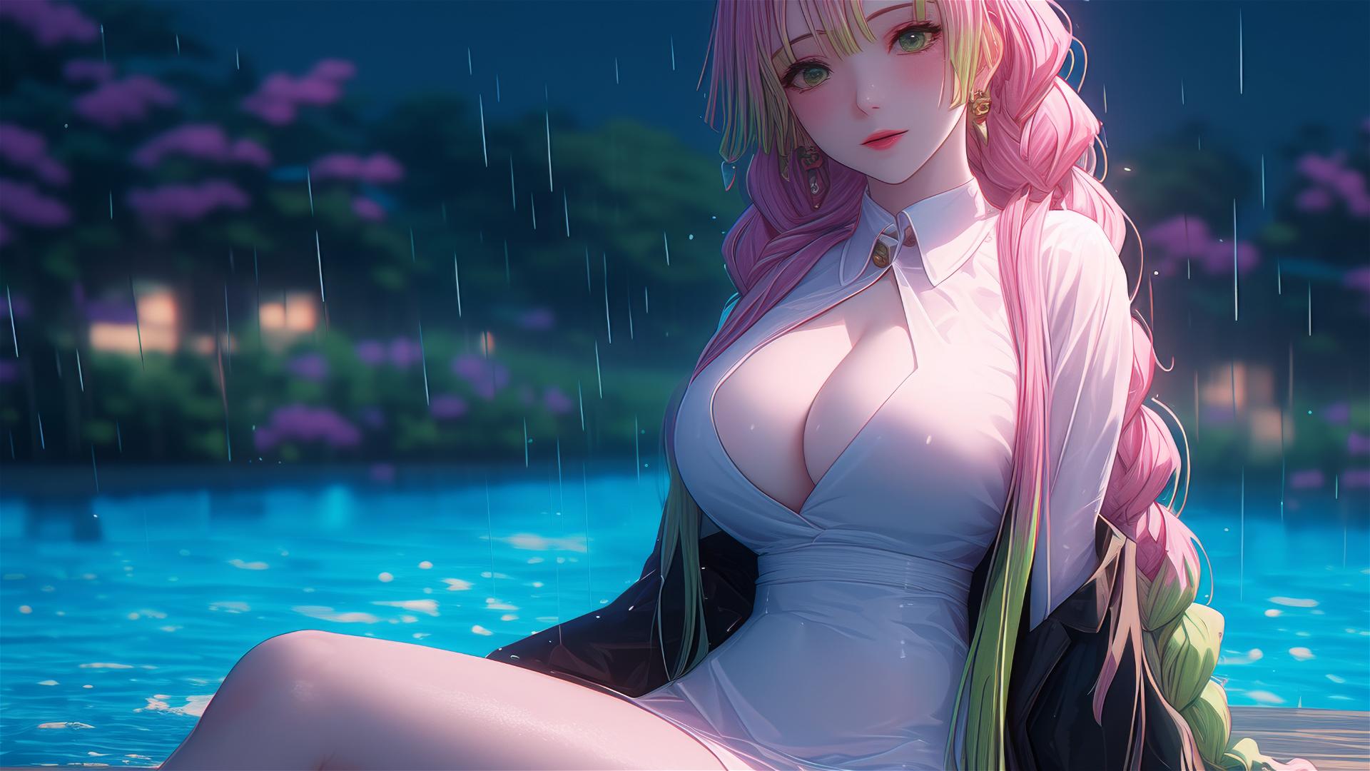 Mitsuri Kanroji resting by a pool under moonlight, pink and green hair