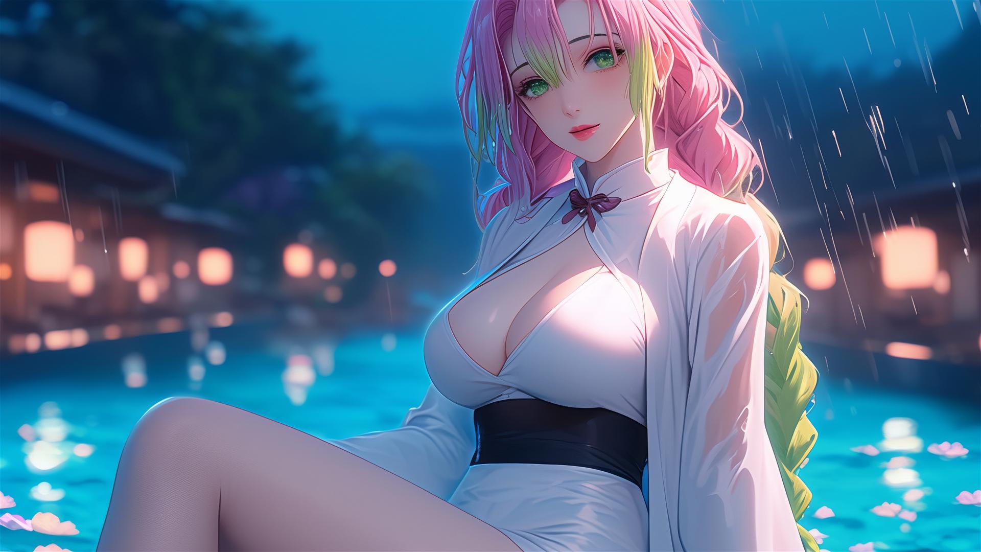 Mitsuri Kanroji resting by pool under moonlight, white dress, and light pink to lime green hair
