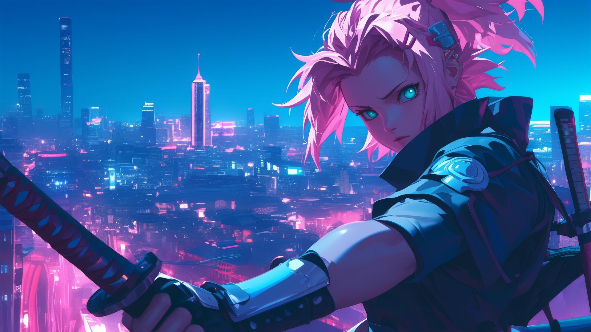 Sakura Haruno in futuristic ninja gear on a neon-lit skyscraper at night