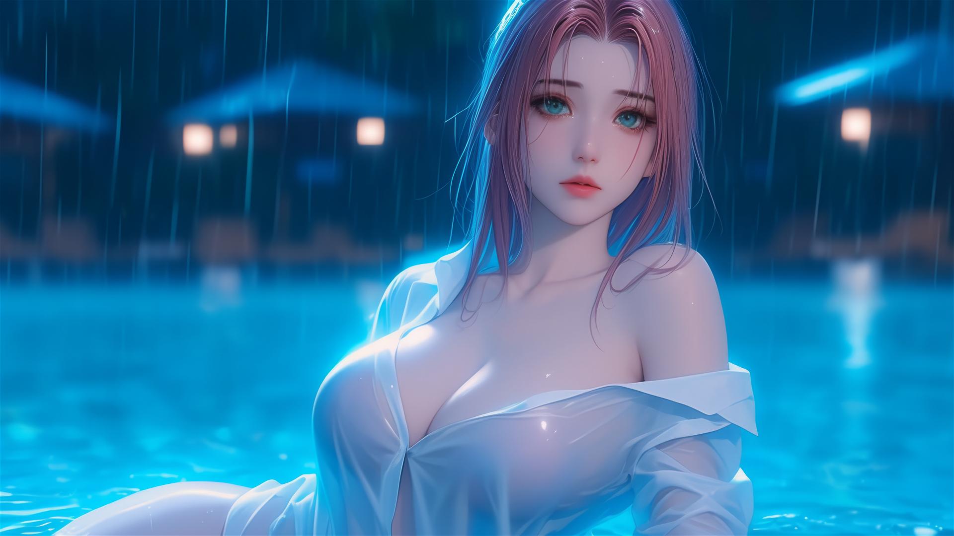 Sakura Haruno resting by pool in white shirt under moonlight with rain