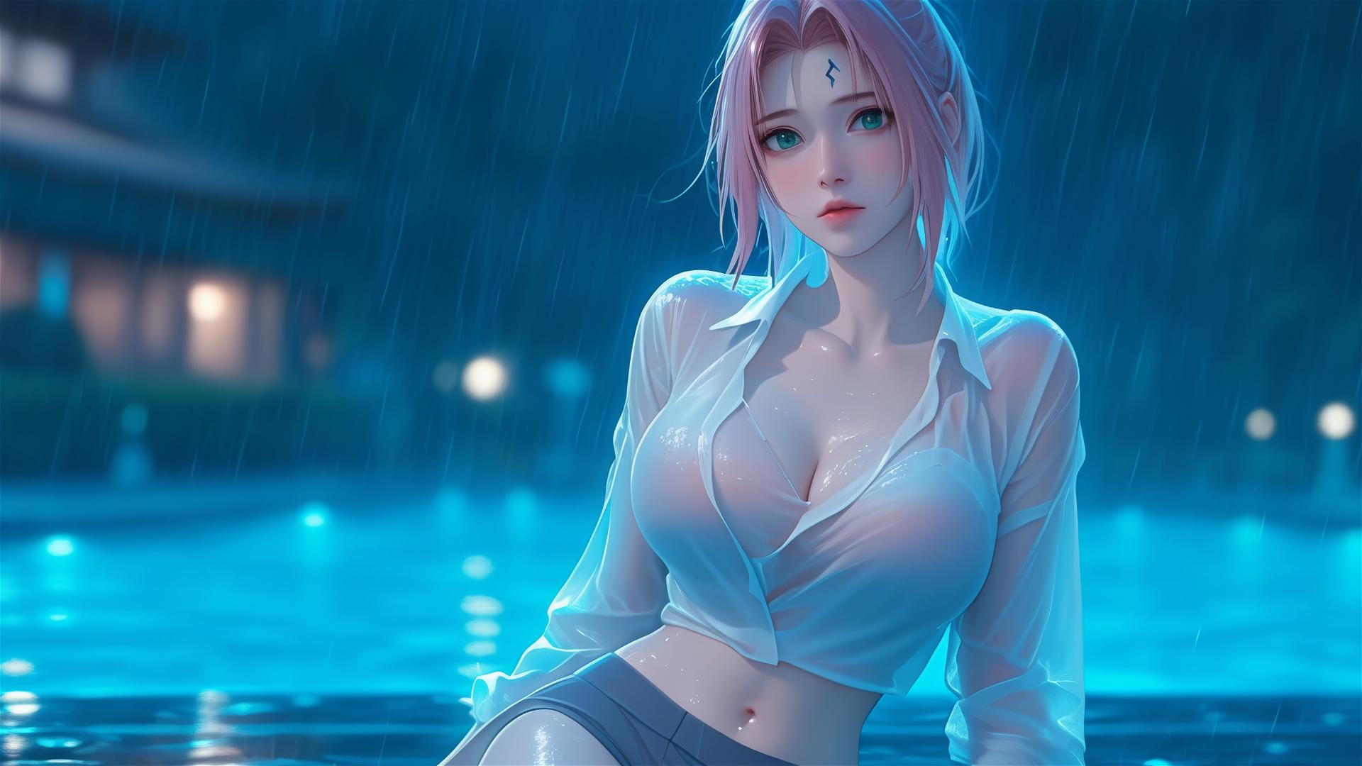 Sakura Haruno from Naruto resting by a pool under moonlight in a white shirt, during heavy rain.