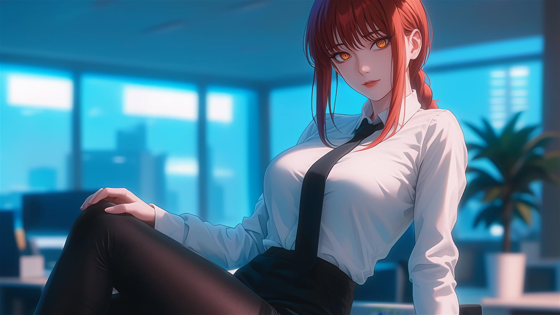 Low angle view of Makima from Chainsaw Man standing in office, close-up of her foot and reddish hair