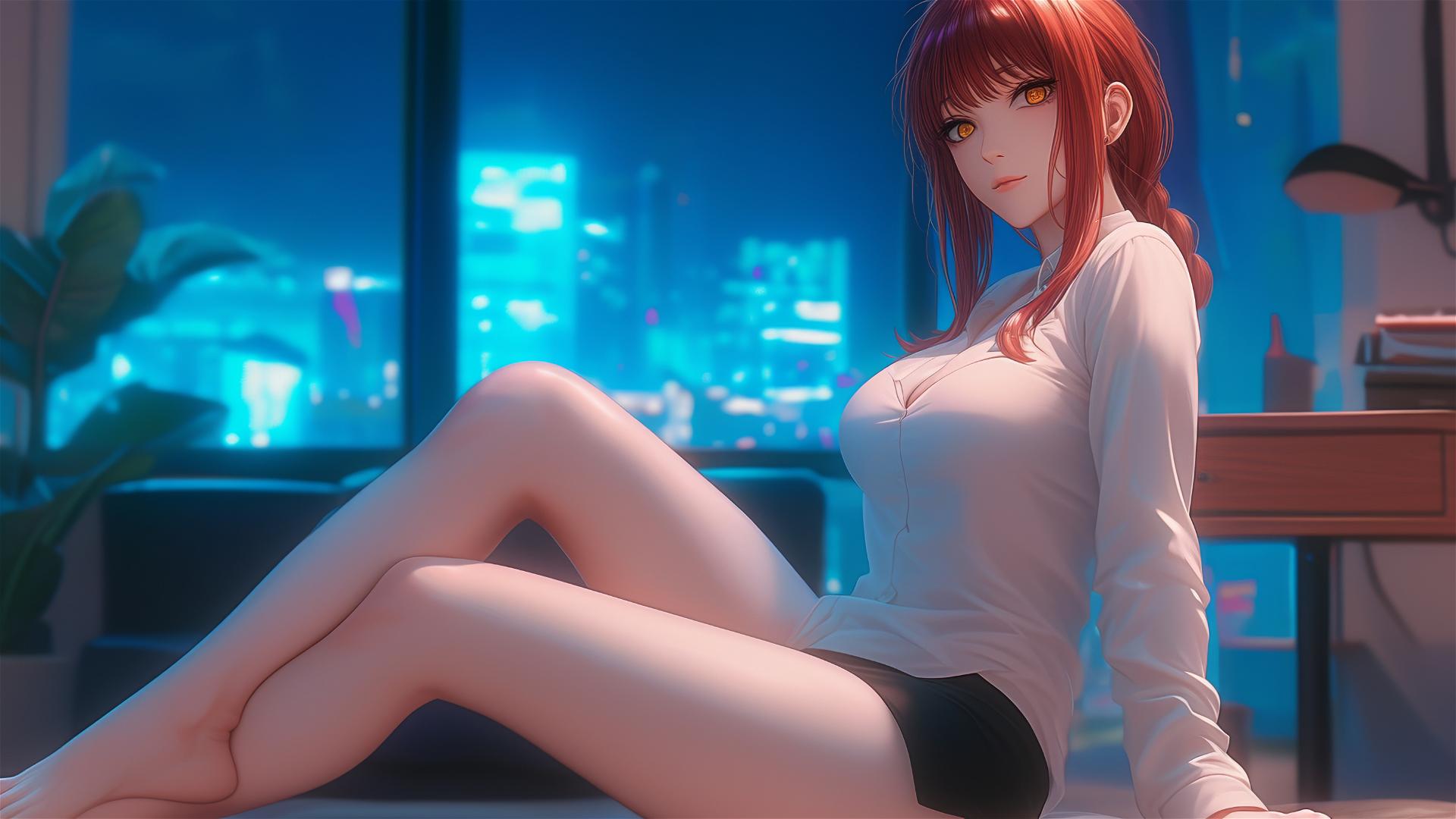 Makima resting in her room with close-up of her foot and red hair
