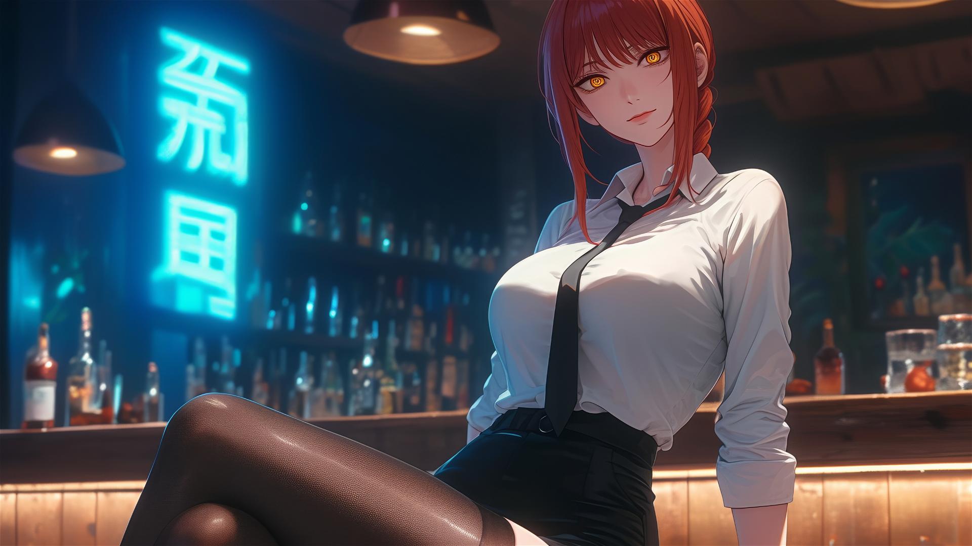 Makima from Chainsaw Man in a bar, thigh focus, red hair