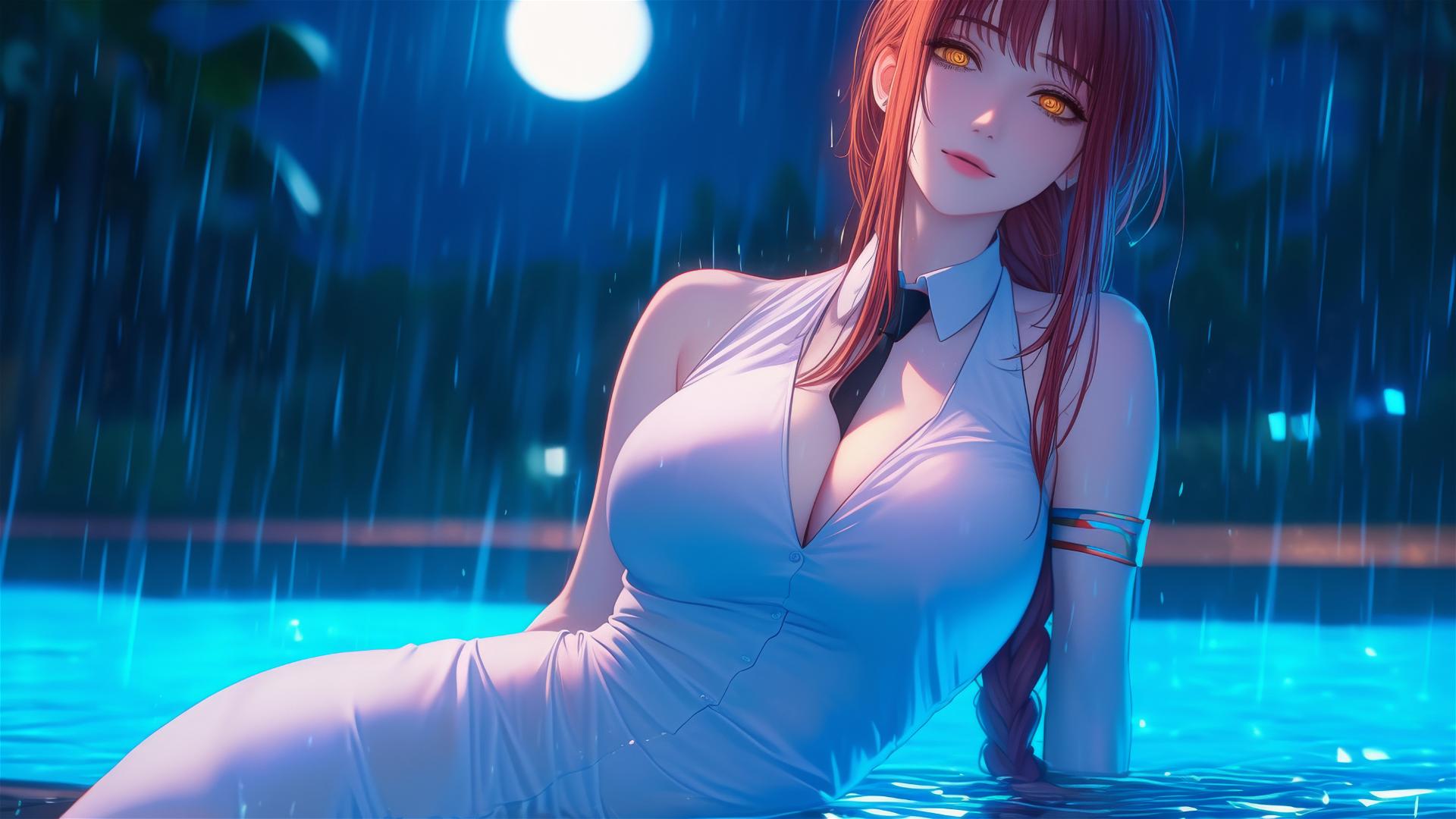 Makima from Chainsaw Man by rainy pool, moonlight on her pink dress and blond hair
