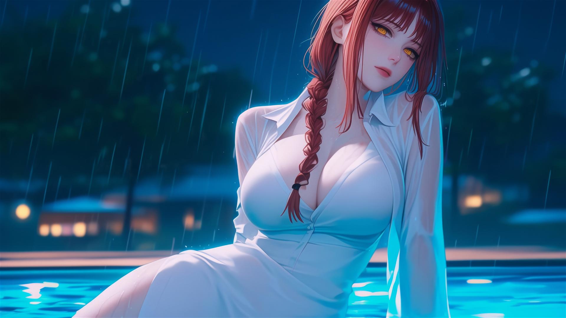 Makima from Chainsaw Man by pool with moonlight, pink dress and blond hair in rain