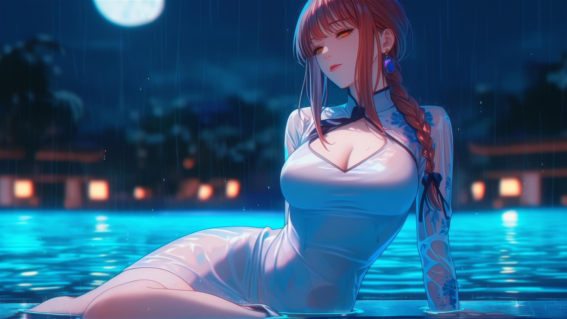Makima from Chainsaw Man resting by pool in moonlight, rain