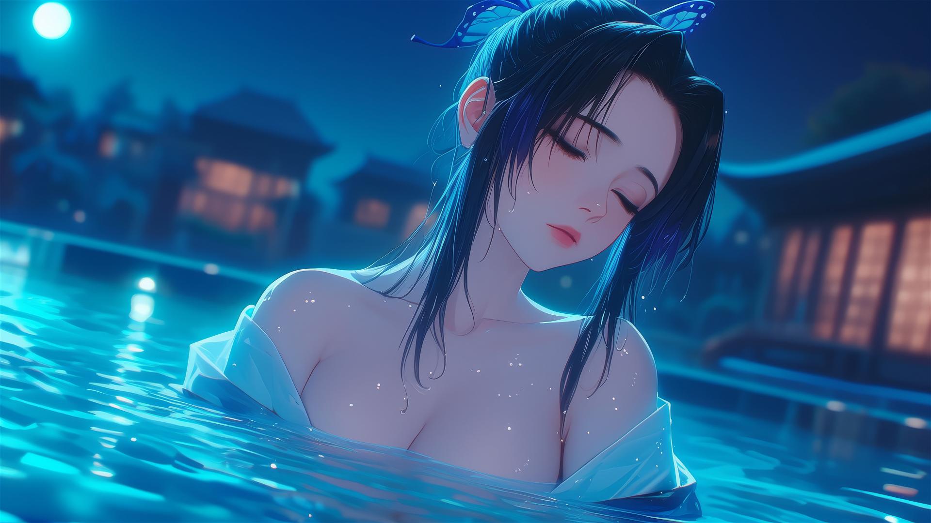 Shinobu Kocho in tub under moonlight