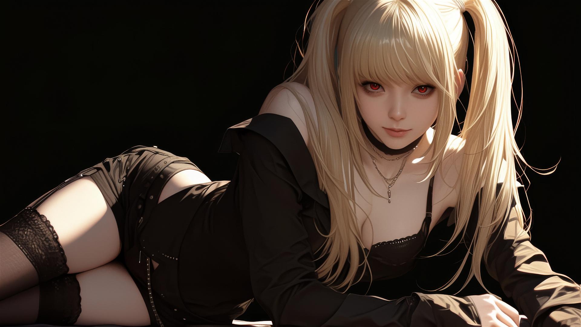 Misa Amane from Death Note with red eyes in dynamic pose on dark background