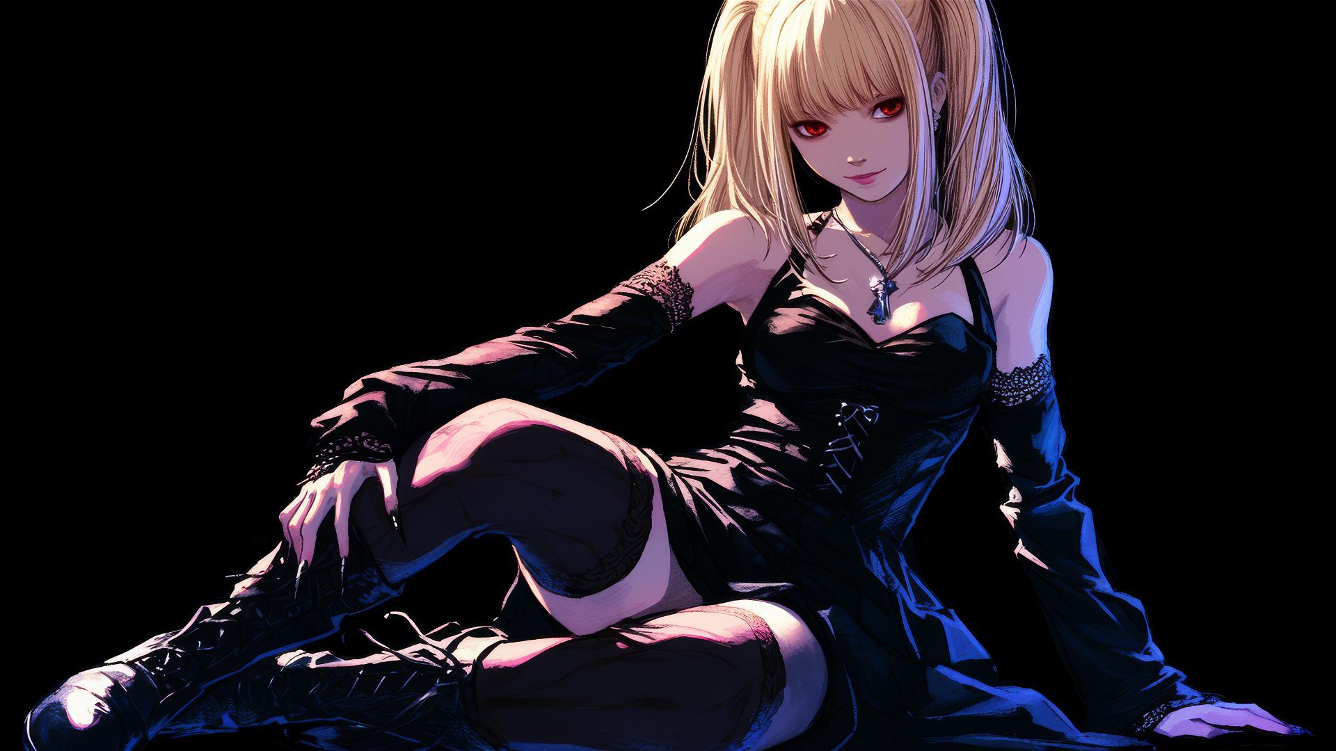 Misa Amane with red eyes on dark background in dynamic pose with thigh highlight