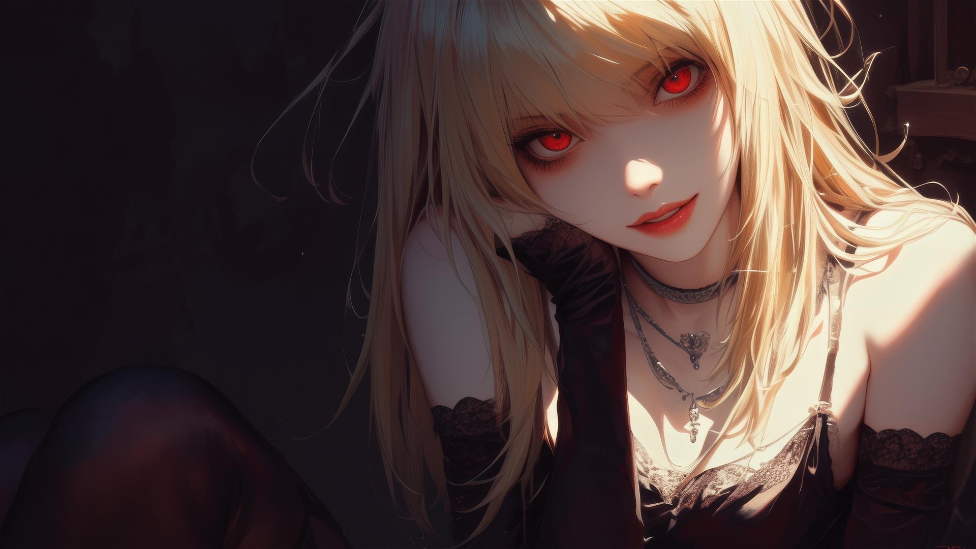 Misa Amane from Death Note with red eyes on dark background, thigh focus, spotlight effect