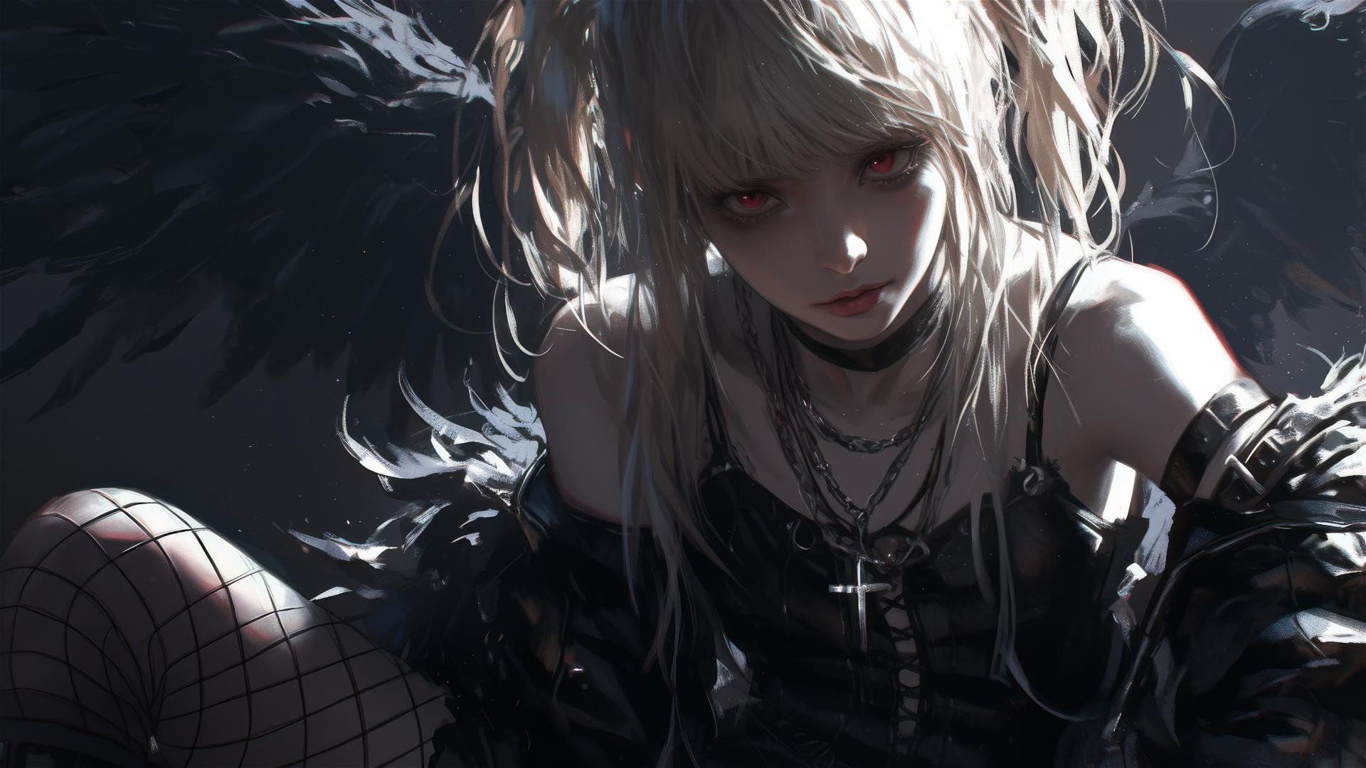 Misa Amane from Death Note with red eyes on dark background