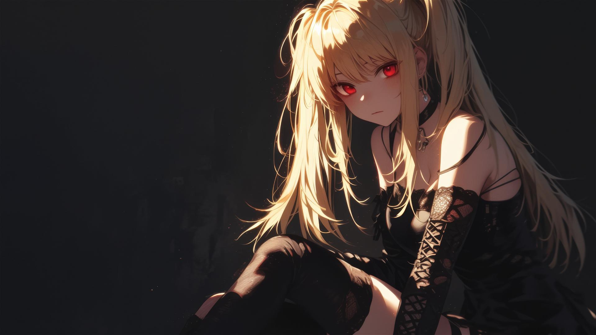 Misa Amane from Death Note with red eyes on a dark background