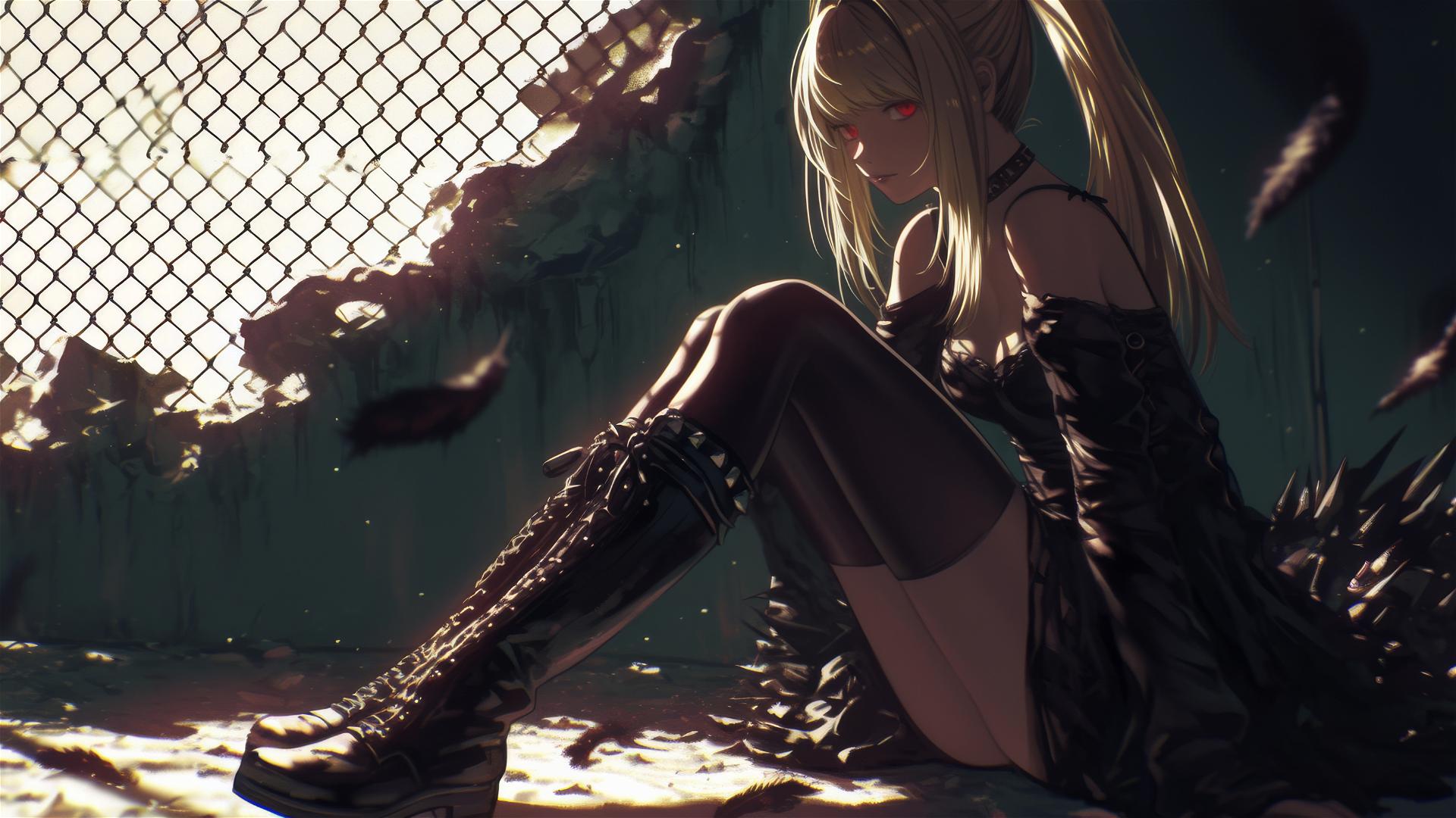 Misa Amane from Death Note with red eyes on dark background