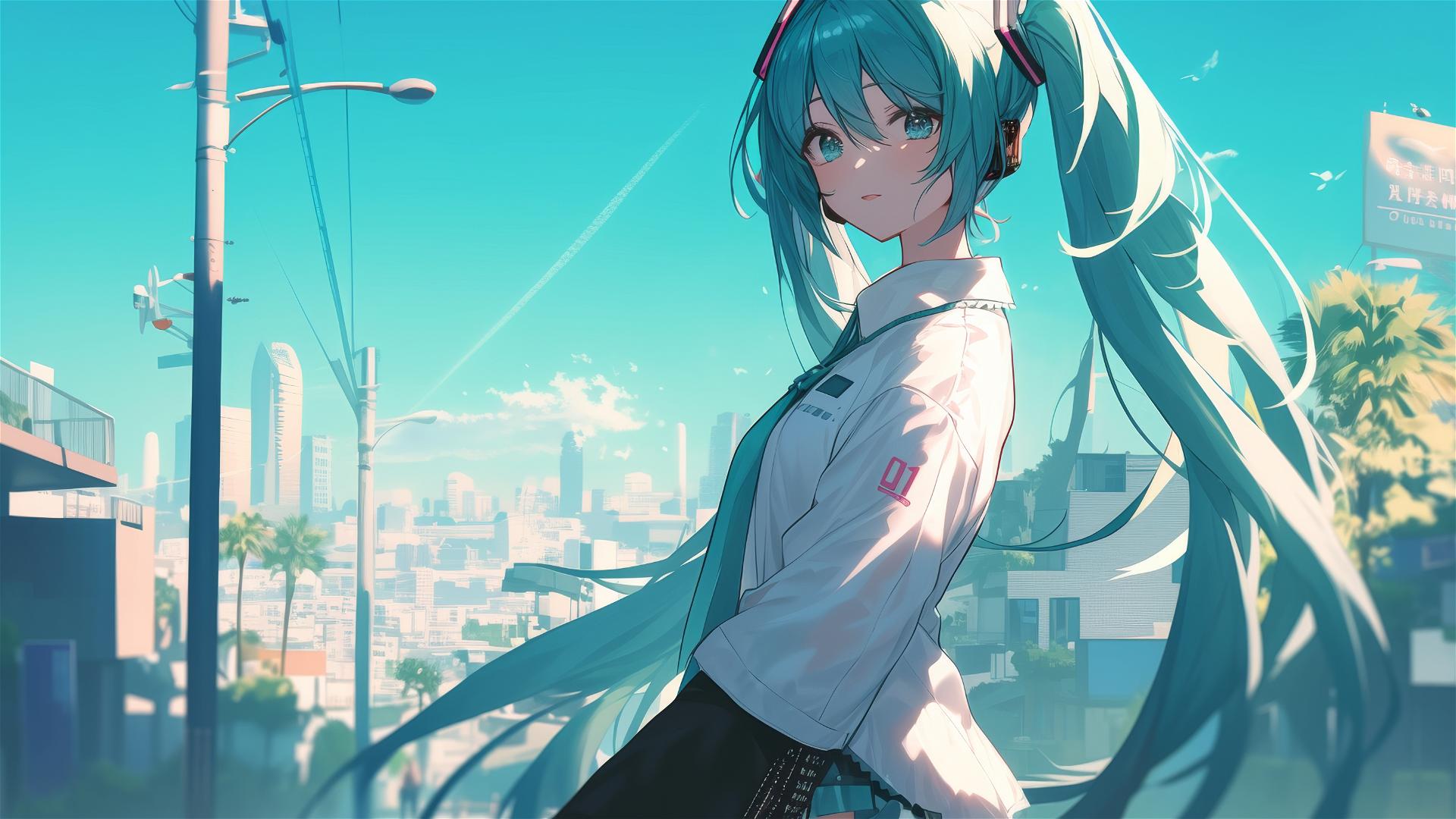 Hatsune Miku in modern white shirt, strolling with blurred cityscape background in sunlight