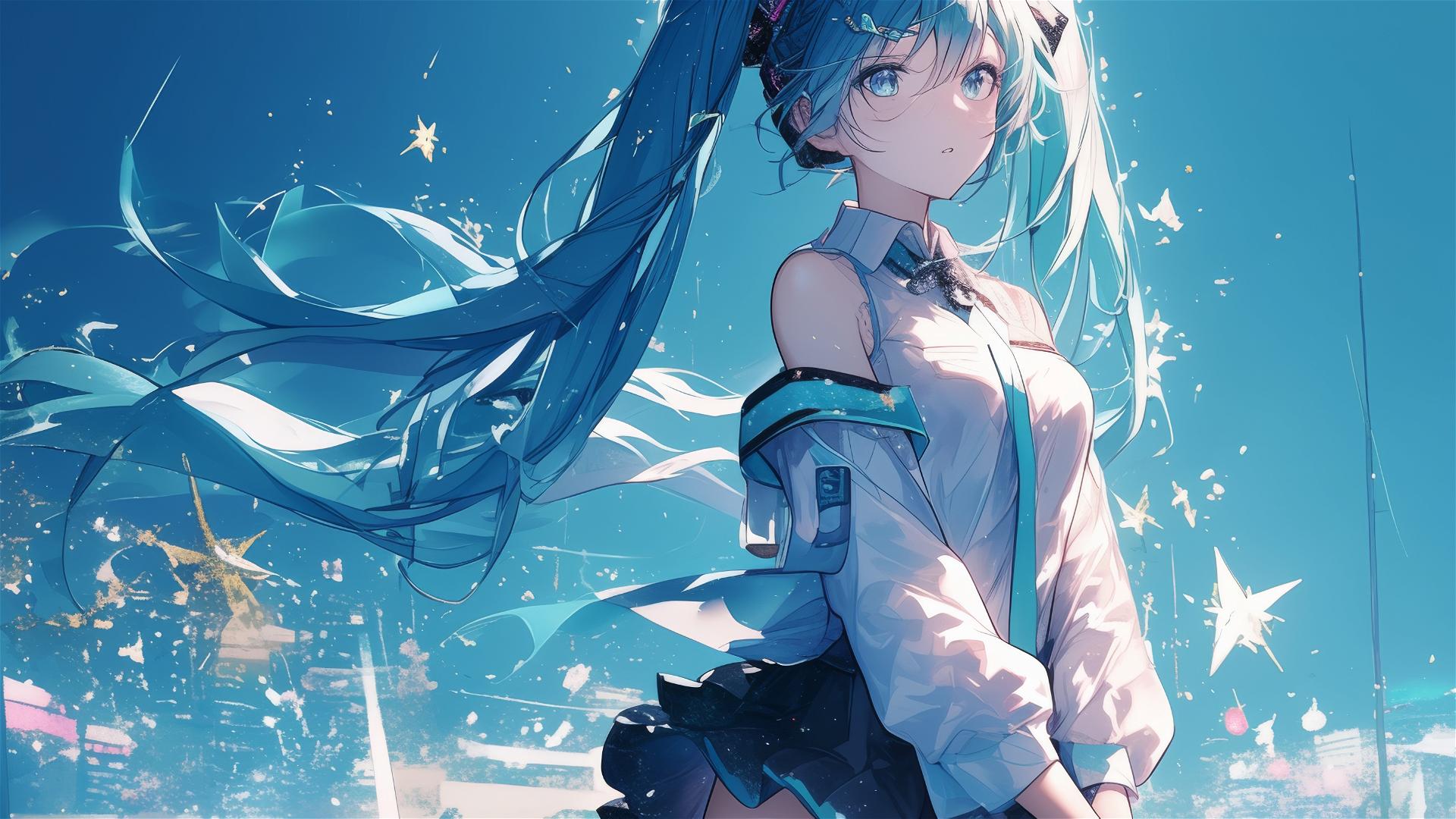 Hatsune Miku from Vocaloid against blue backdrop with spotlight