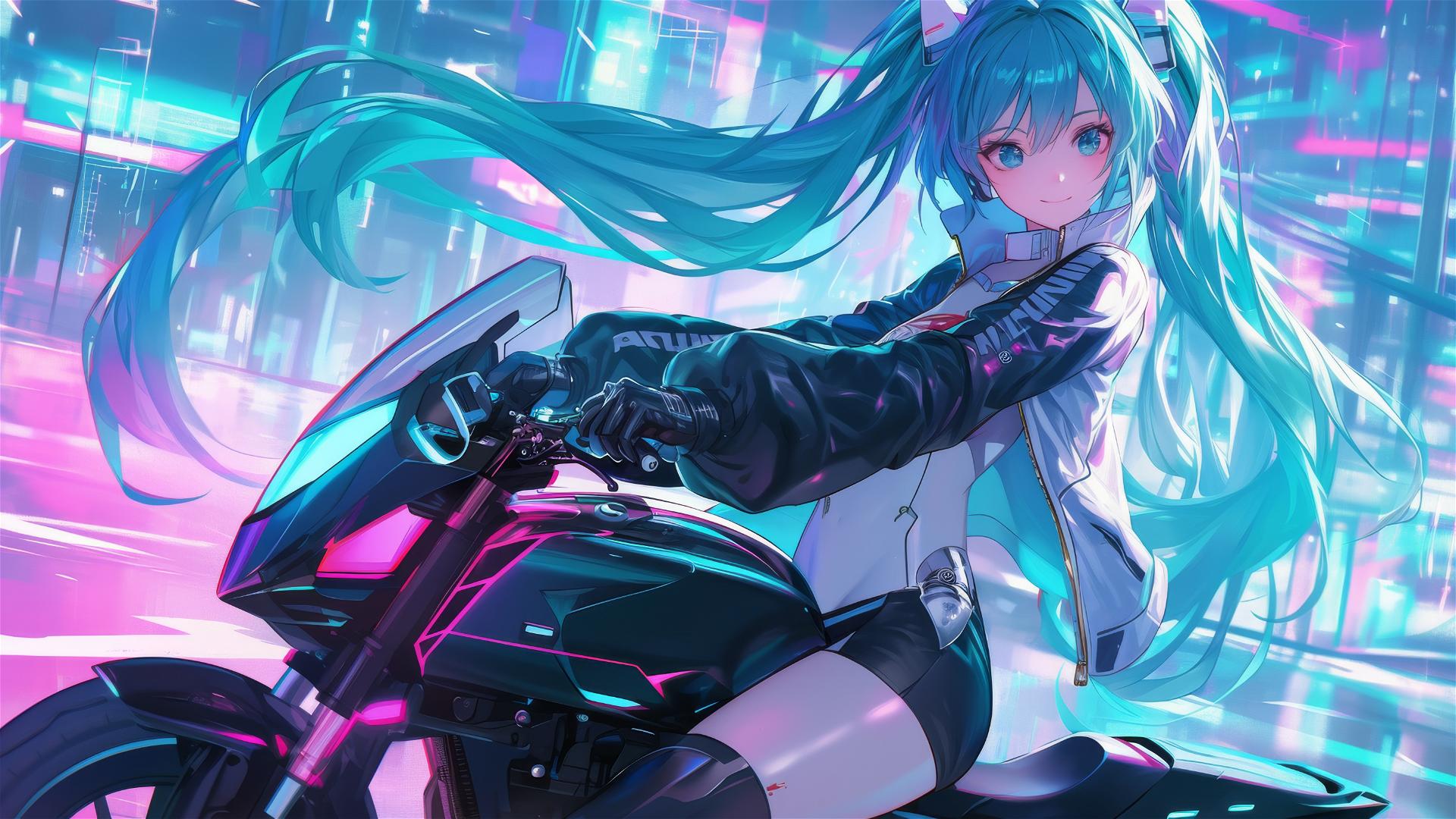 Hatsune Miku from Vocaloid in futuristic racer outfit with high-speed hoverbike under neon lights