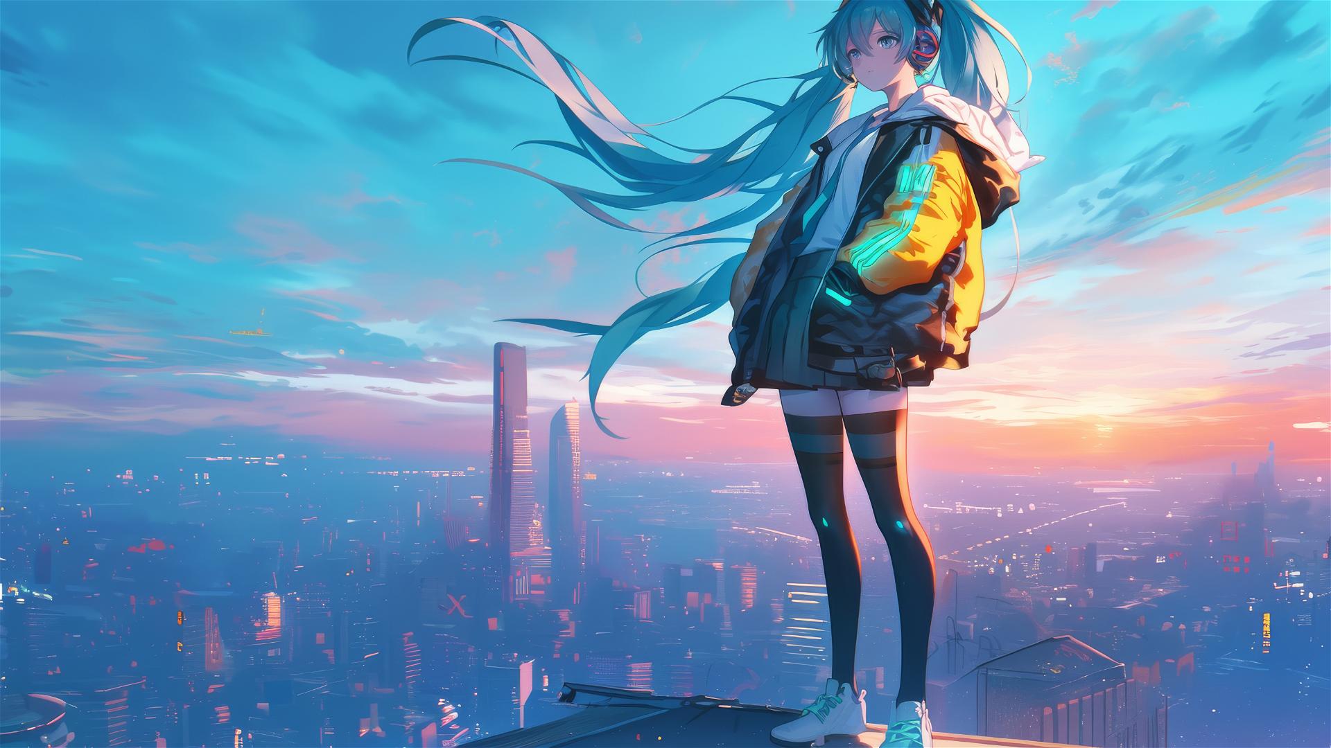 Hatsune Miku in neon cyberpunk attire on city rooftop at dusk