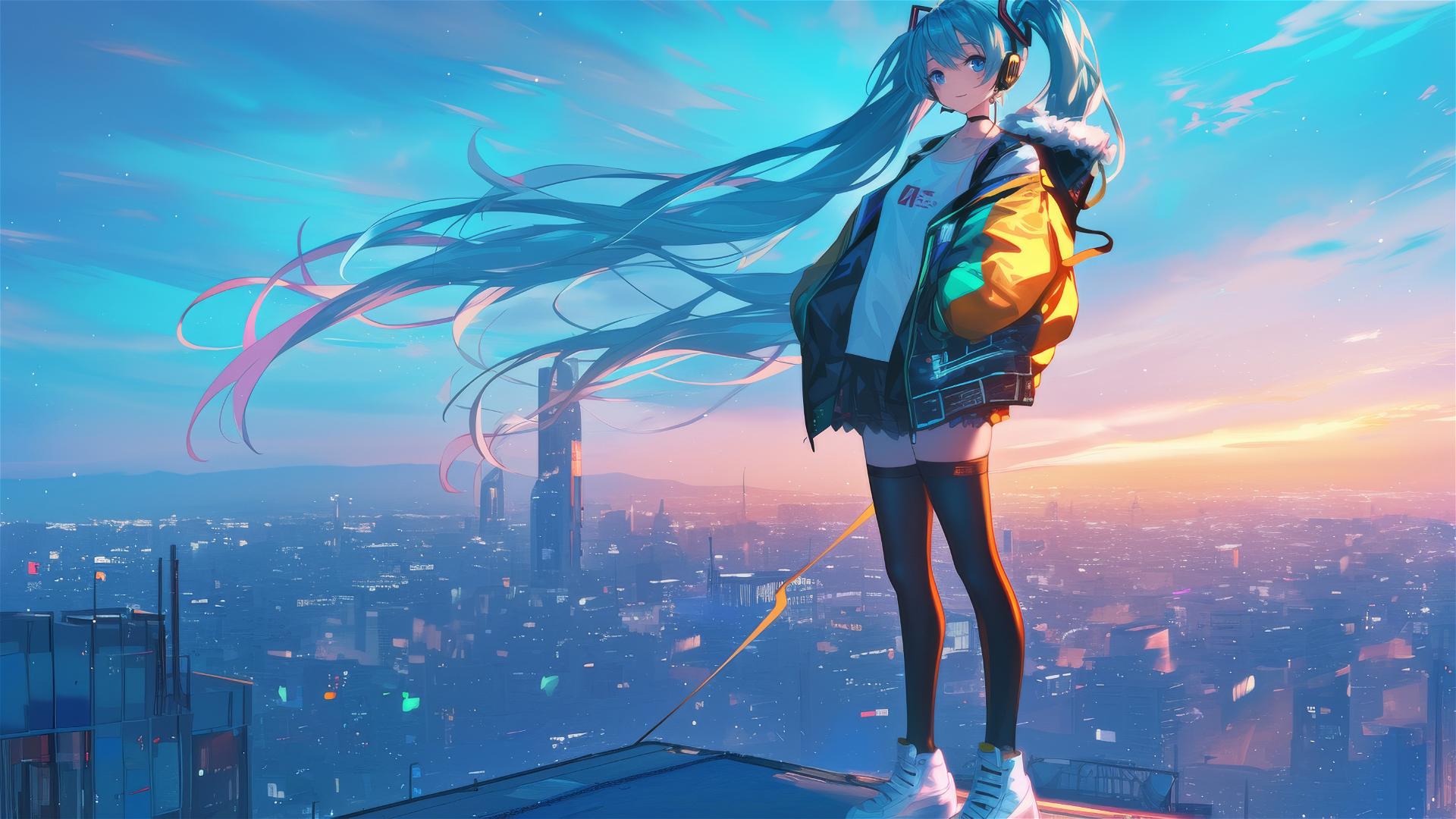 Hatsune Miku in neon cyberpunk attire on a city rooftop at dusk