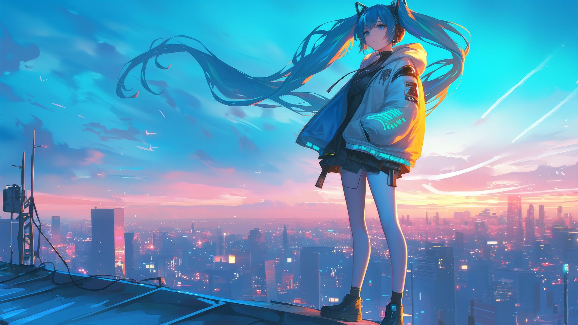 Hatsune Miku from Vocaloid in a neon cyberpunk outfit on a city rooftop at dusk.