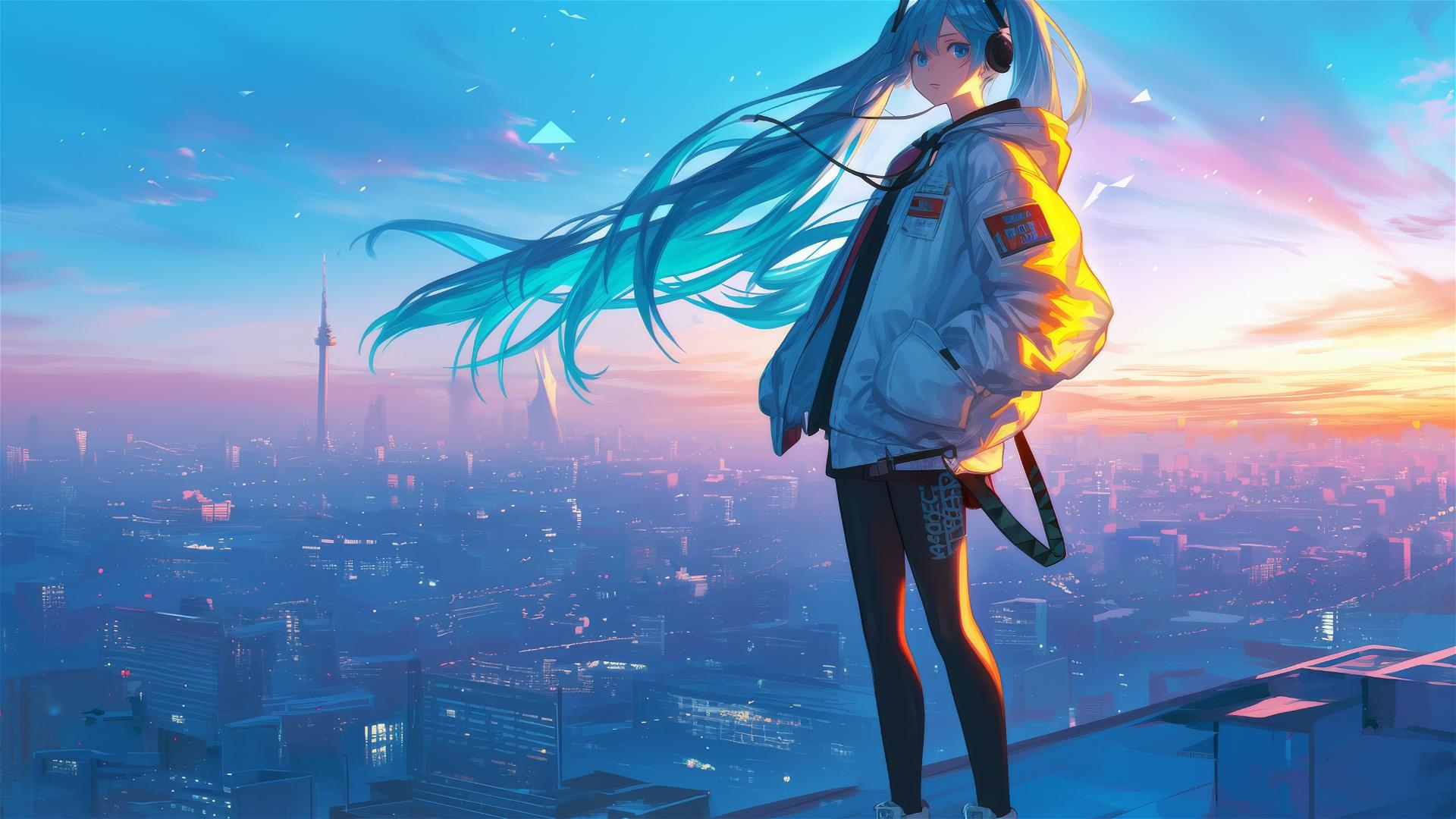 Hatsune Miku in neon cyberpunk attire on a city rooftop at dusk