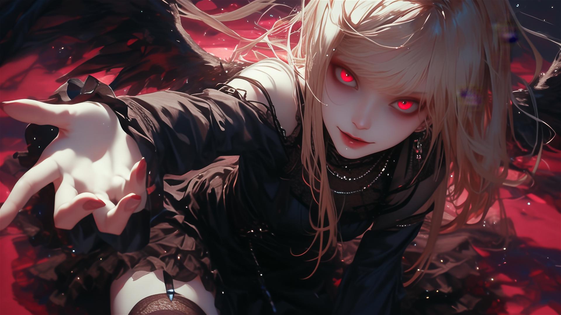 Isolated shot of Misa Amane from Death Note on a dark background with red eyes in a dynamic pose spotlighting her thigh